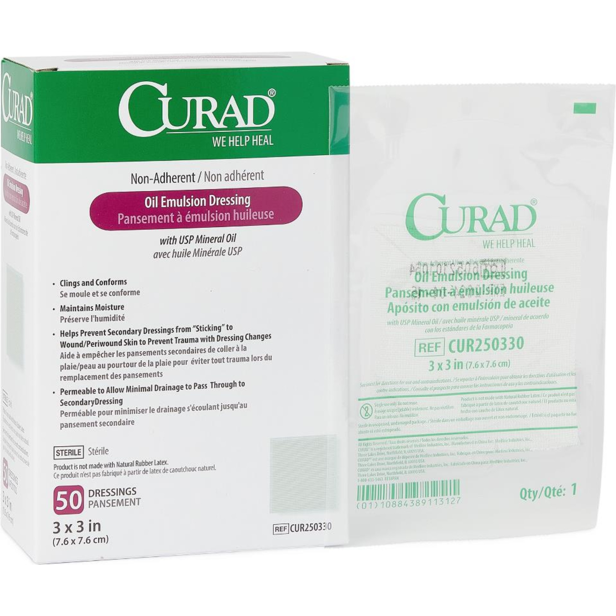 Curad Non-Adherent Oil Emulsion Gauze Dressings, 3 x 3 inches