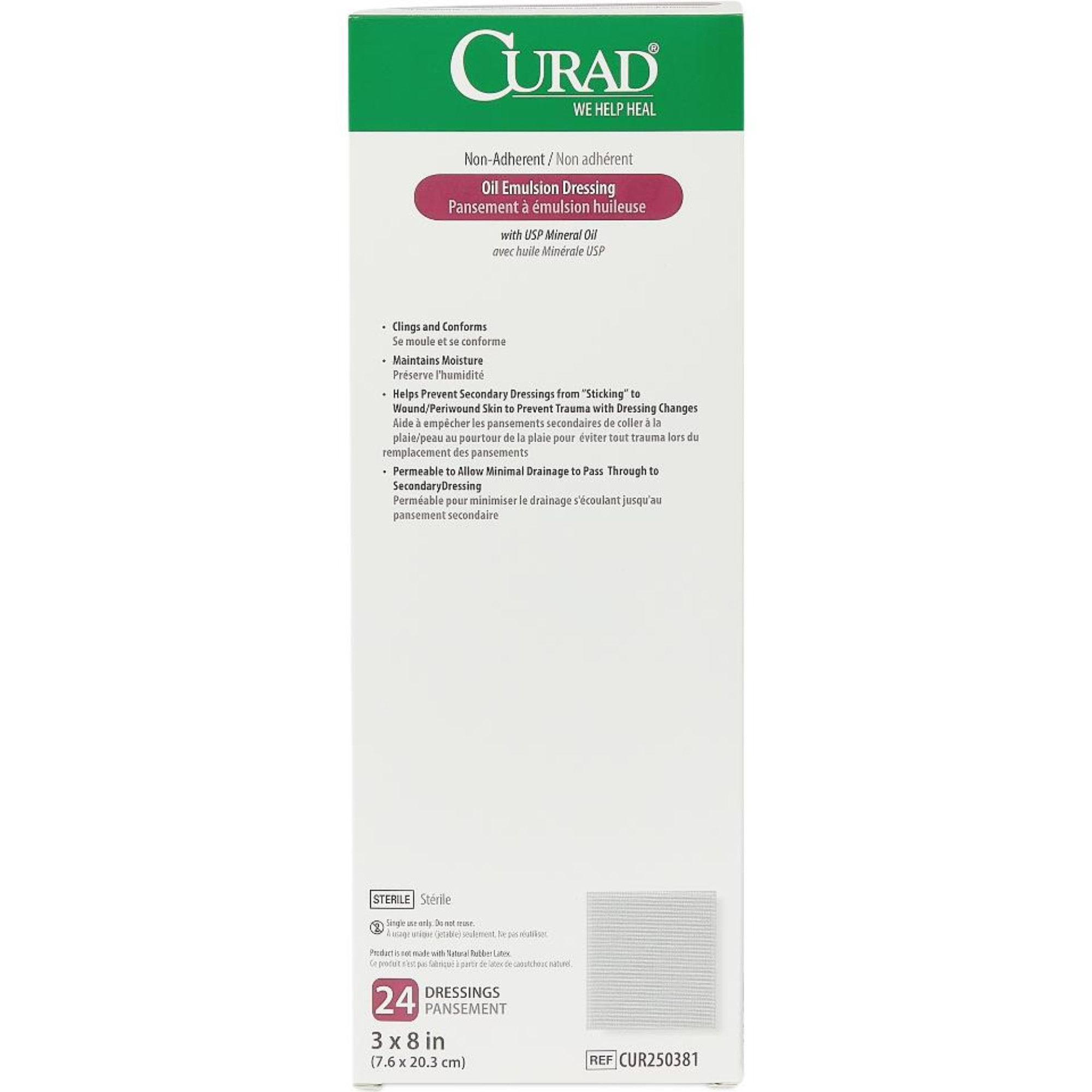 Curad Non-Adherent Oil Emulsion Gauze Dressings, 3 x 8 inches