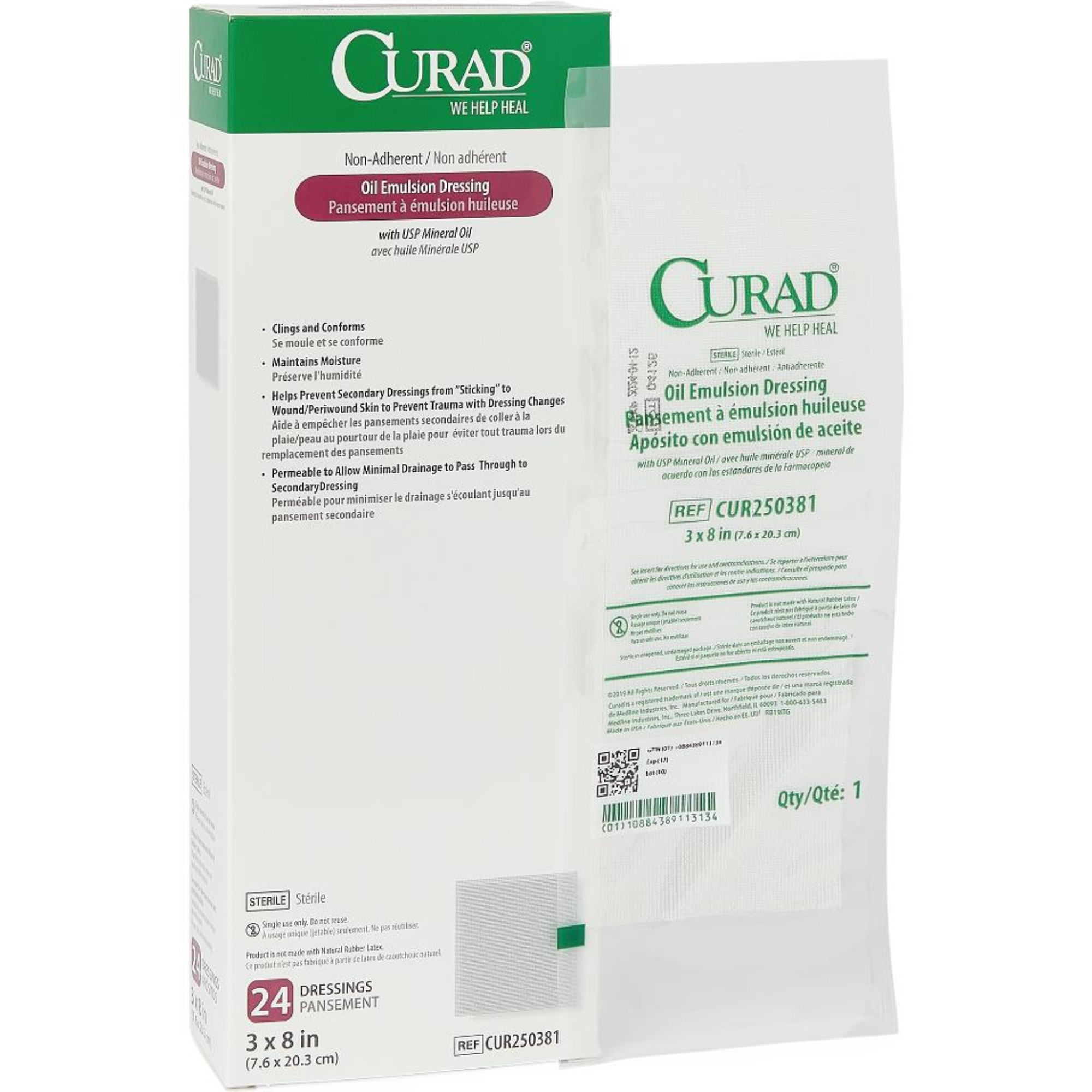 Curad Non-Adherent Oil Emulsion Gauze Dressings, 3 x 8 inches