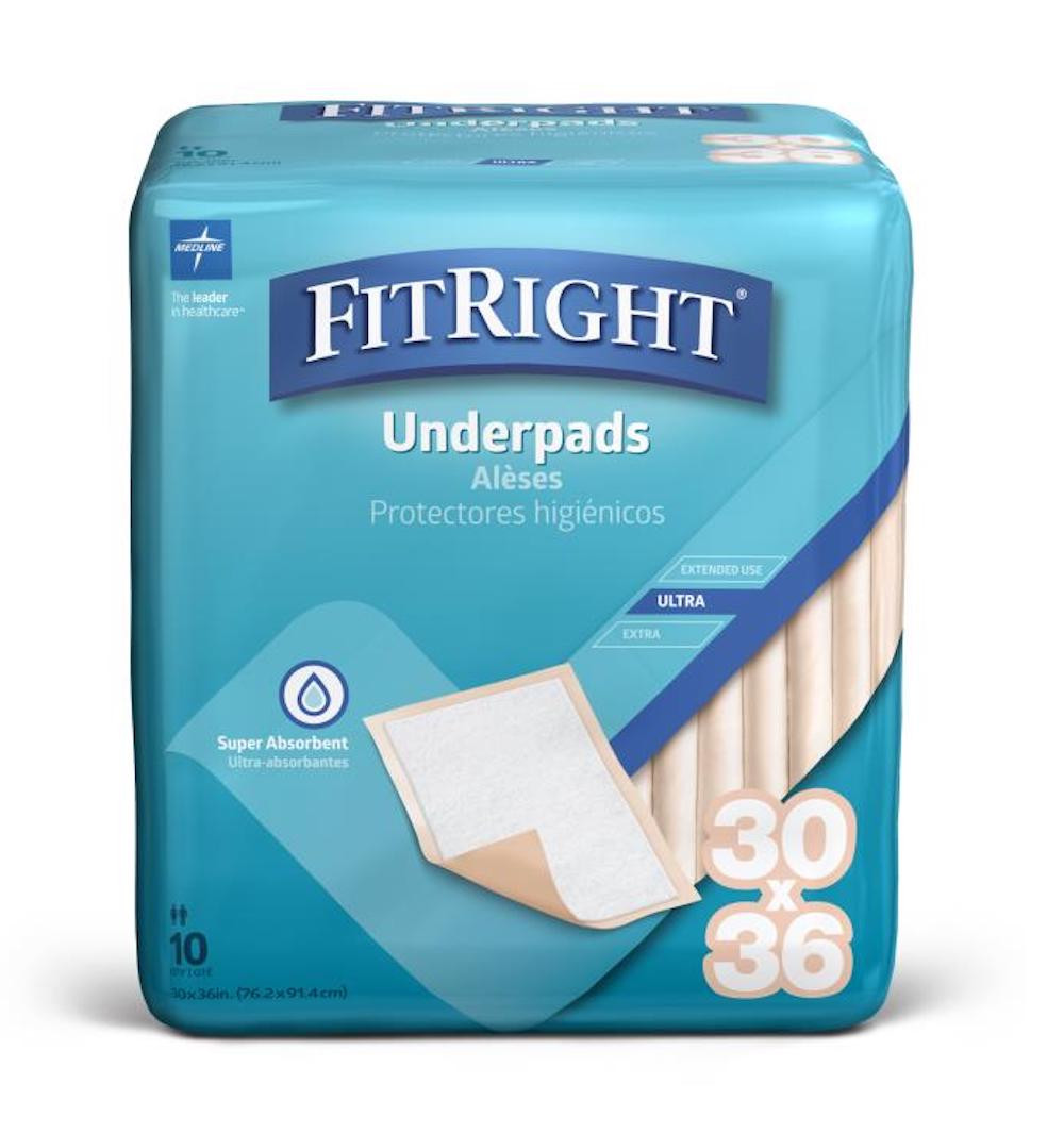 FitRight Ultra Underpads, Heavy Absorbency, MUP2000FZ, 30" X 36" - Bag of 10