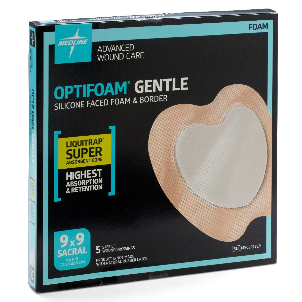 Optifoam Gentle LQ Silicone-Faced Foam Dressing with Liquitrap, MSC2399EPZ, 9 X 9 Inches - Sacrum - Box of 5