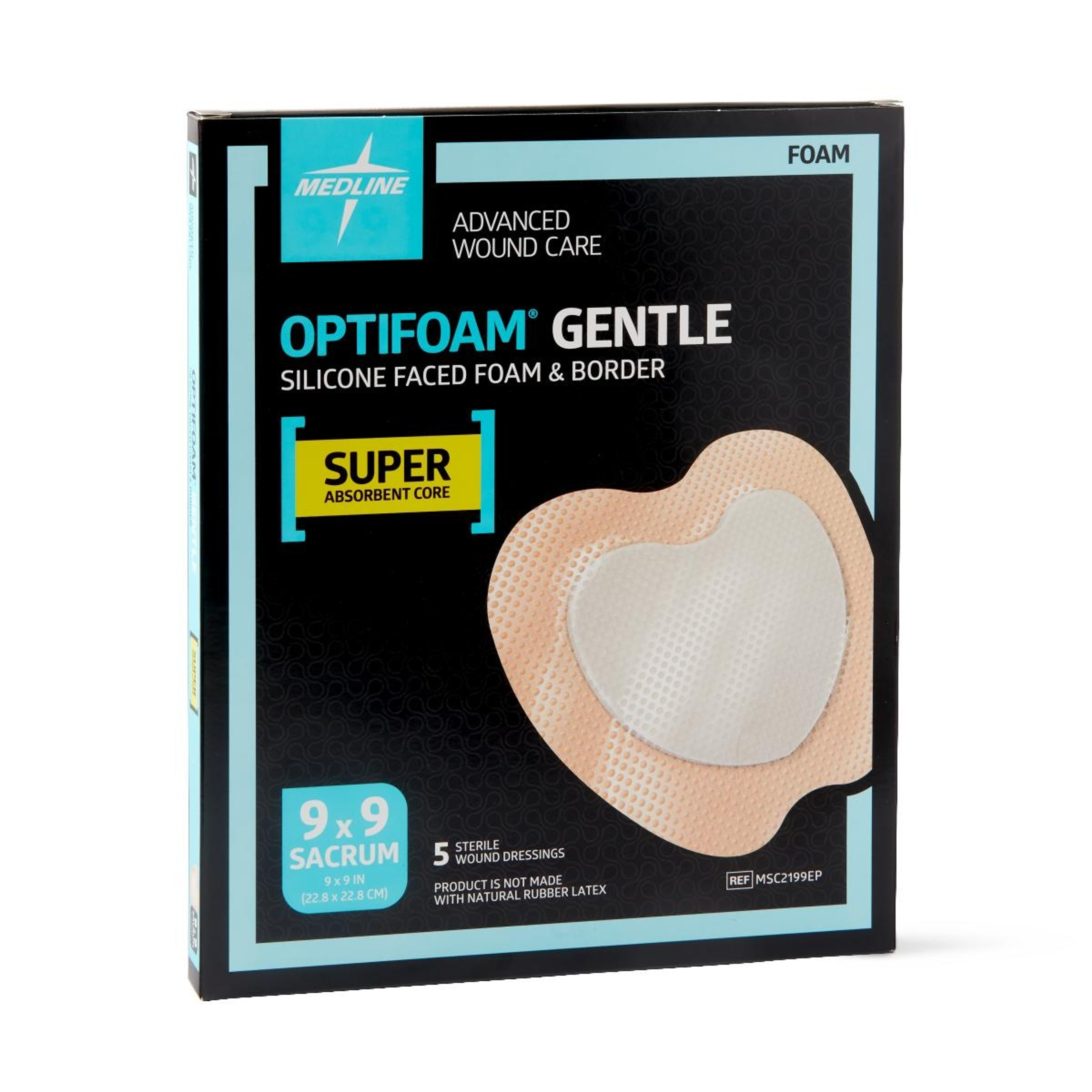 Optifoam Gentle SA Silicone-Faced Foam Dressing, MSC2199EPZ, 9 X 9 Inches - Sacrum - Box of 5