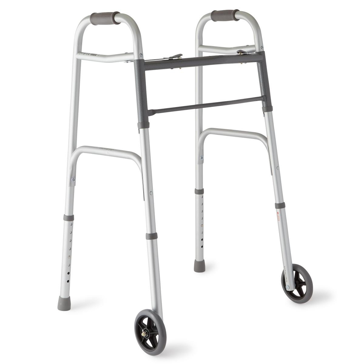 Medline Two-Button Folding Walker, 5" Wheels, MDS86410W54H, 32 - 38 Inch Height - 1 Each