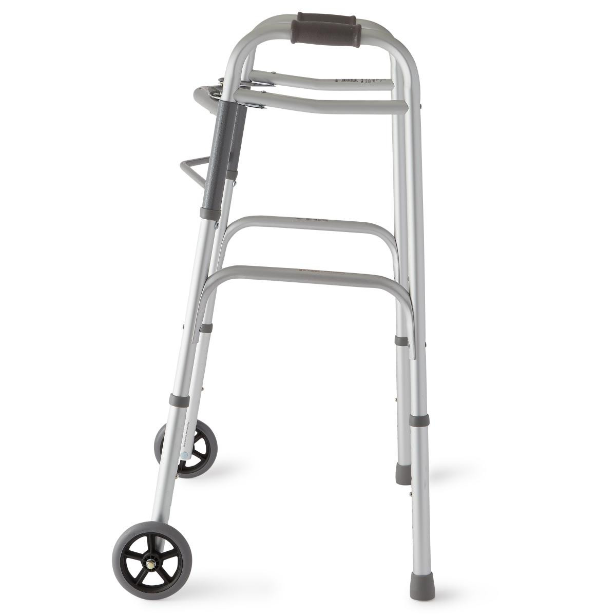 Medline Two-Button Folding Walker, 5" Wheels, MDS86410W54H, 32 - 38 Inch Height - 1 Each