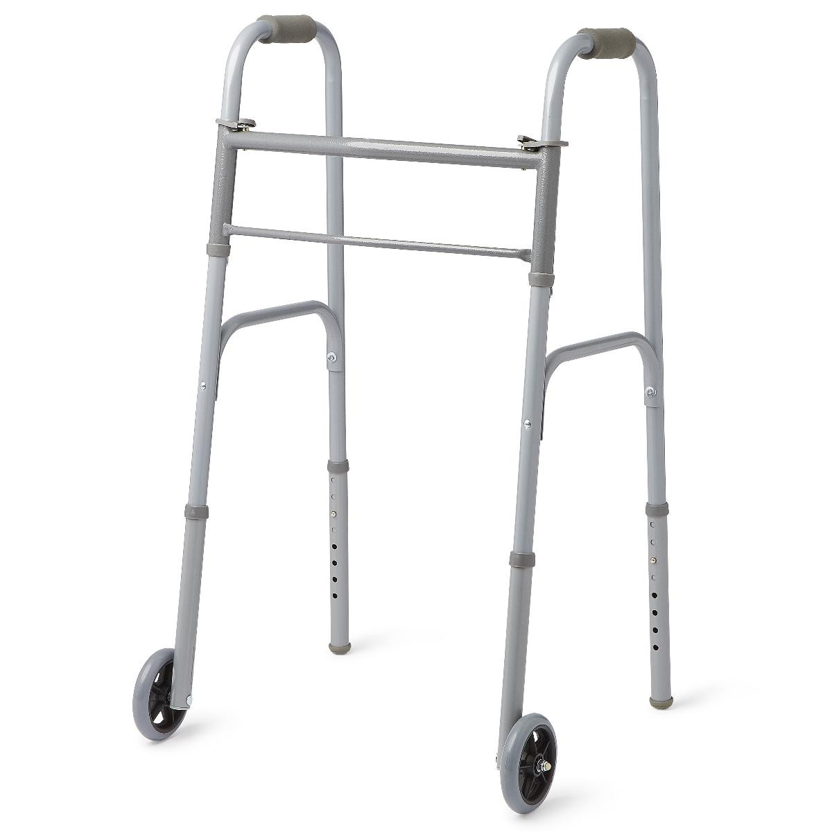 Medline Two-Button Folding Walker, 5" Wheels, MDS86410W54BH, 32.5 - 39.5 Inch Height - 1 Each
