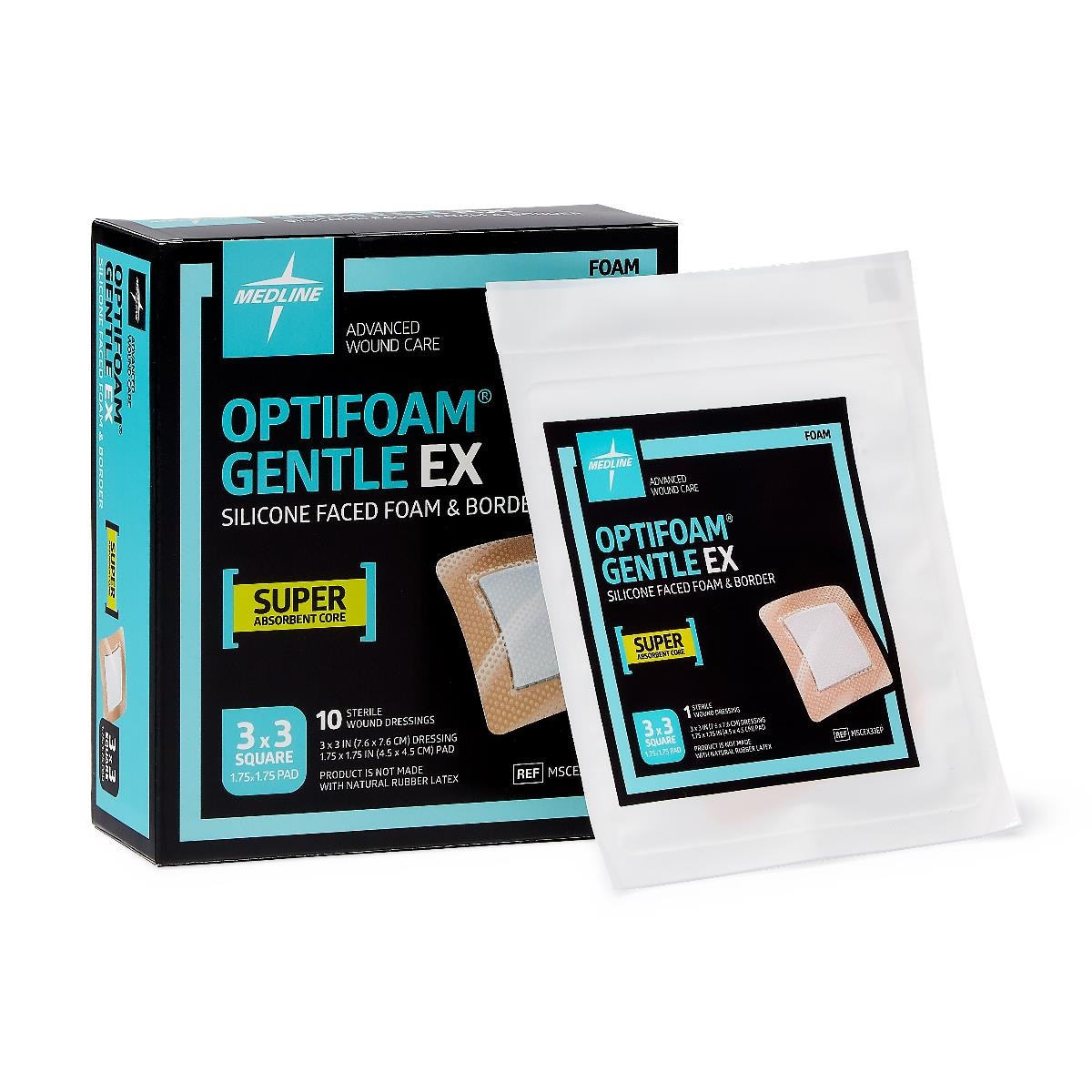 Medline Optifoam Gentle EX Silicone-Faced Foam Dressings, MSCEX33EPZ, 3" X 3" - Box of 10