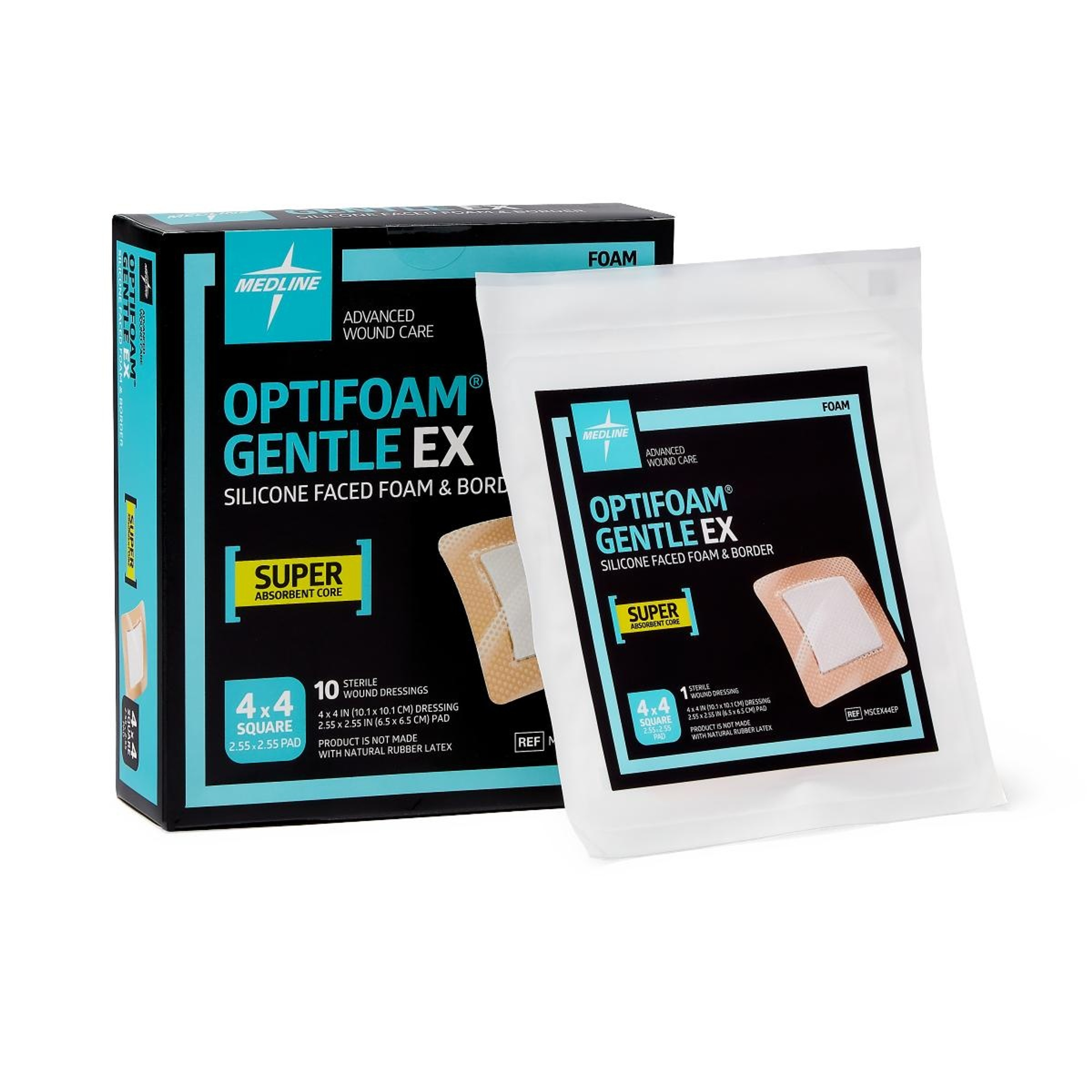 Medline Optifoam Gentle EX Silicone-Faced Foam Dressings, MSCEX44EPZ, 4" X 4" - Box of 10
