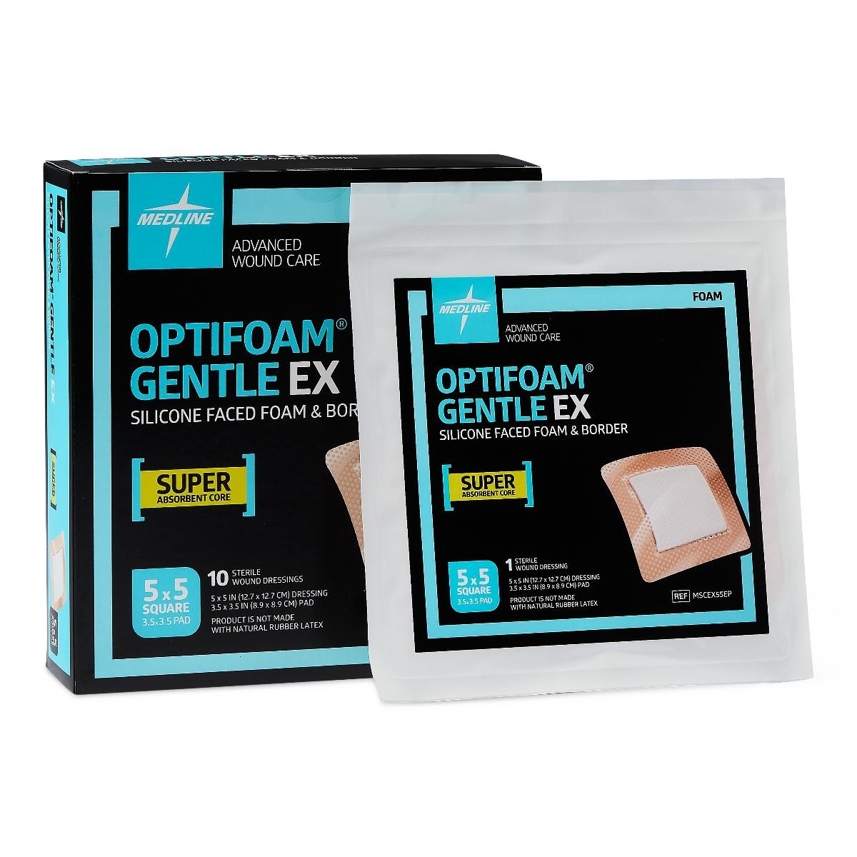 Medline Optifoam Gentle EX Silicone-Faced Foam Dressings, MSCEX55EPZ, 5" X 5" - Box of 10