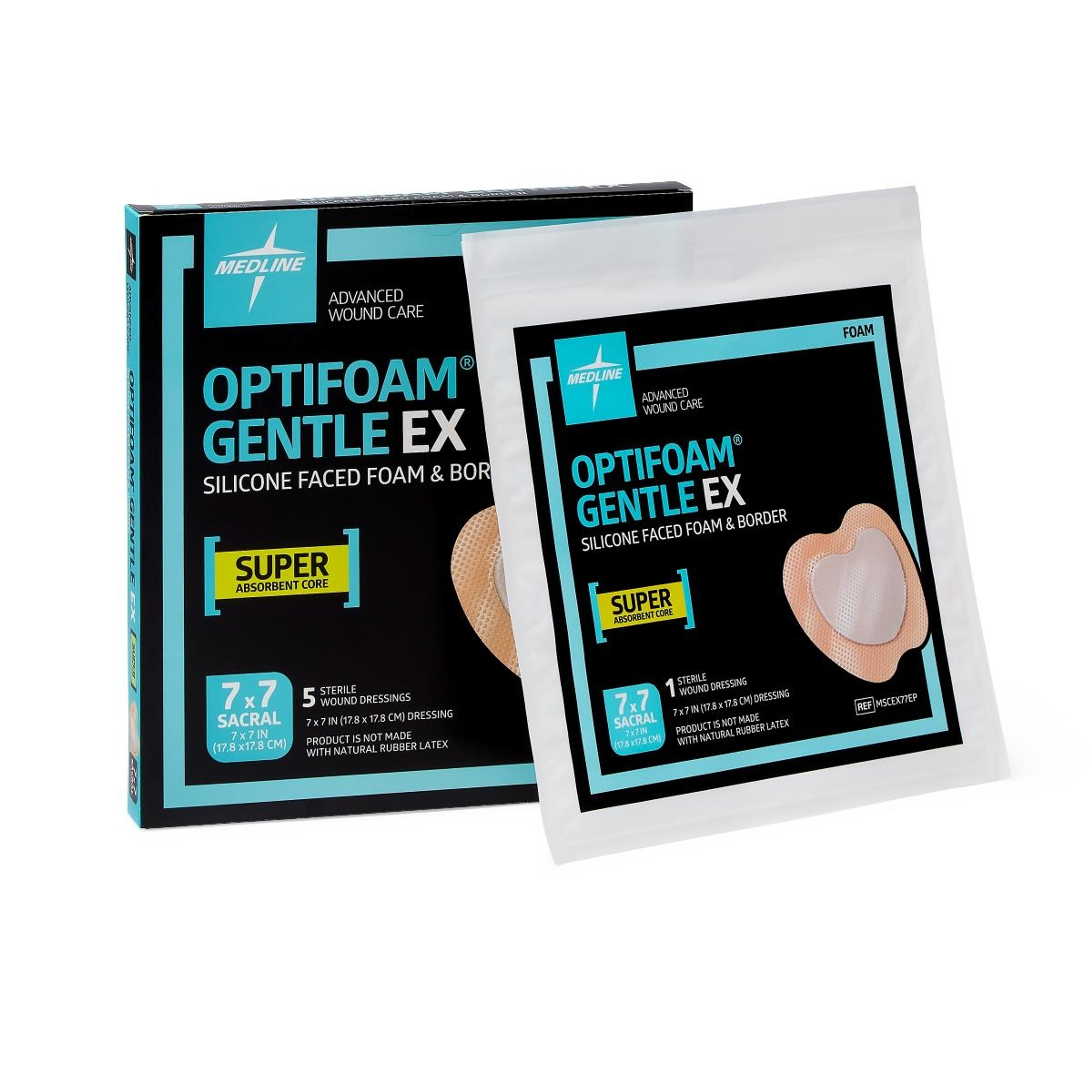Medline Optifoam Gentle EX Silicone-Faced Foam Dressings, MSCEX77EPZ, 7" X 7" - Sacral - Box of 5