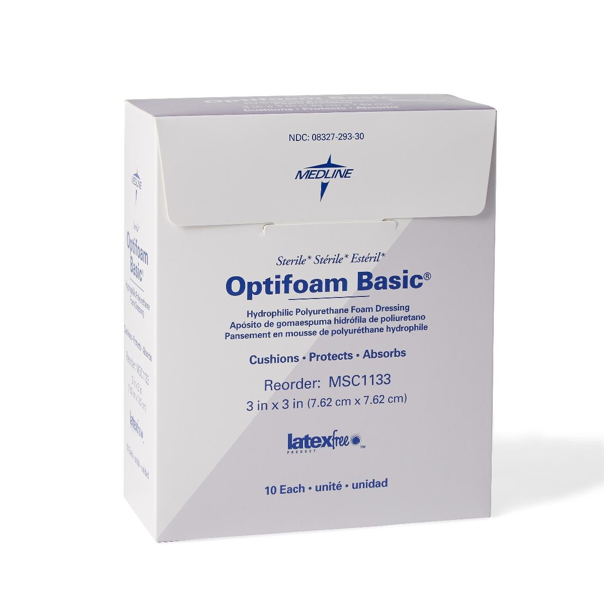 Medline Optifoam Basic Hydrophilic Polyurethane Foam Dressing, MSC1133Z, 3" X 3" - Box of 10