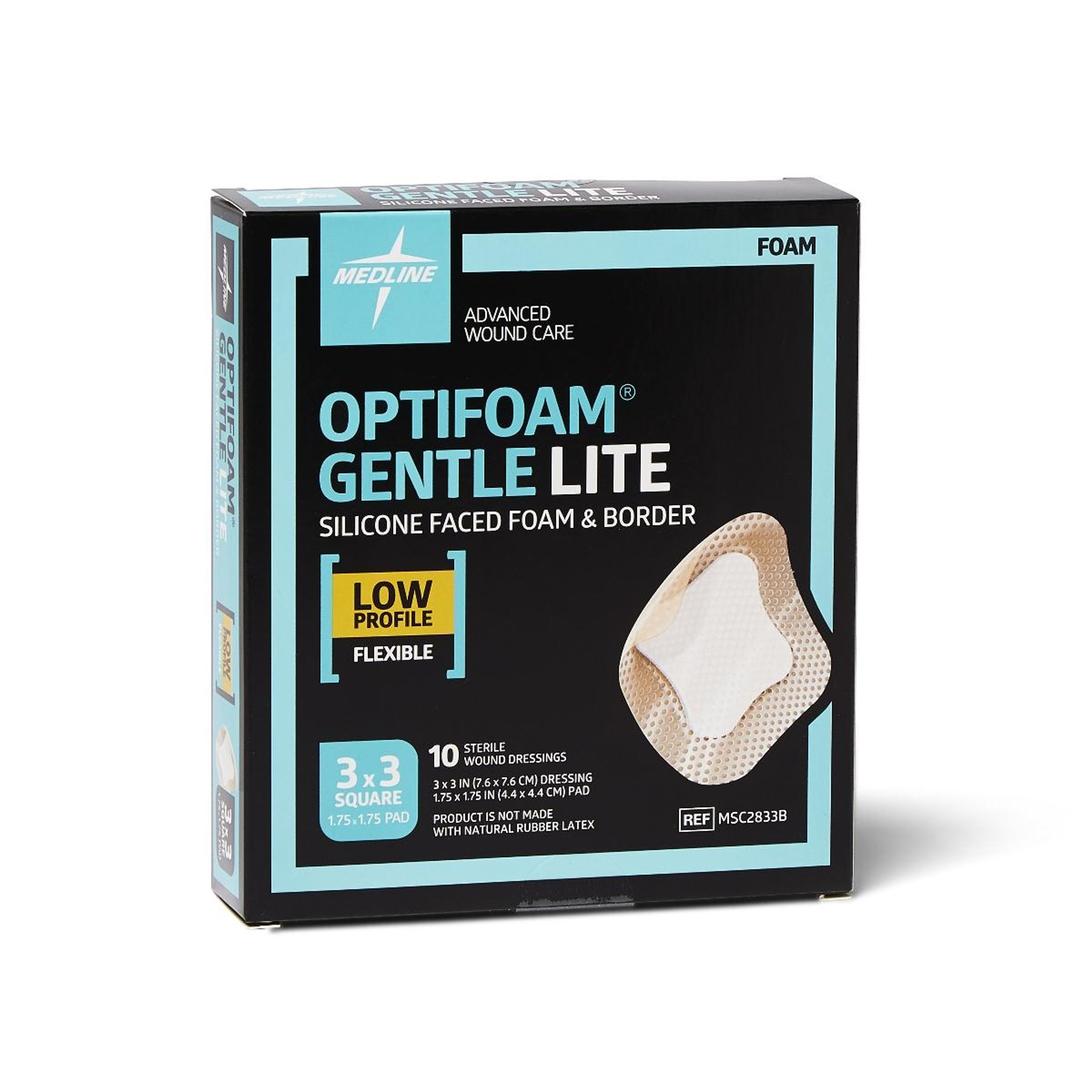 Medline Optifoam Gentle Lite Foam Dressing with Border, MSC2833BZ, 3" X 3" - Box of 10