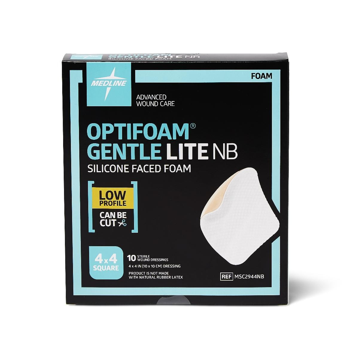 Medline Optifoam Gentle Lite No Border Foam Dressing, MSC2944NBZ, 4" X 4" - Box of 10