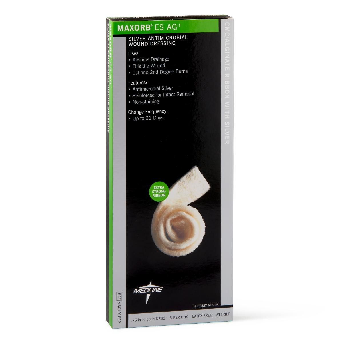 Medline Maxorb ES Ag+ Silver Antimicrobial Wound Dressing, MSC1918EPZ, 0.75" X 18" - Box of 5