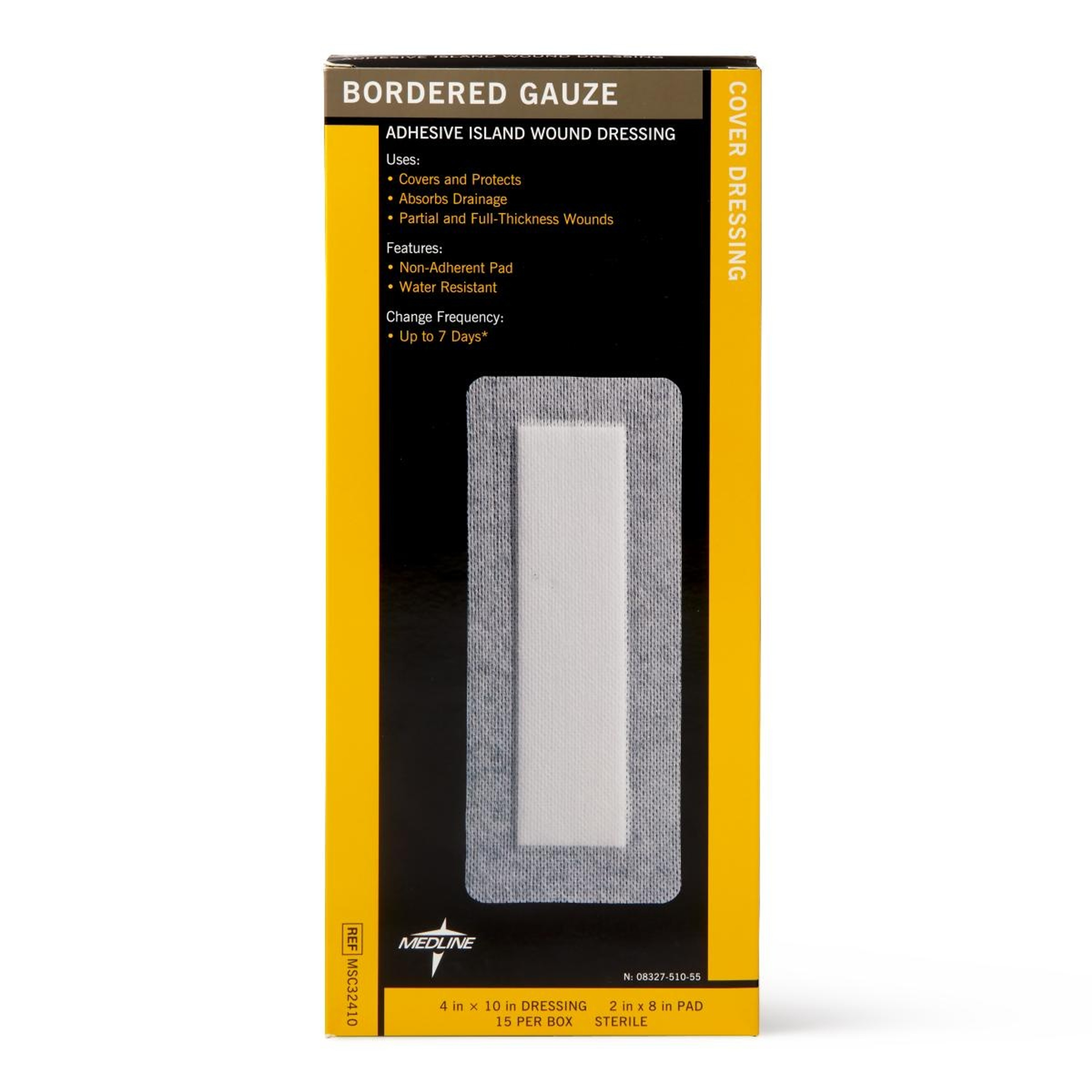 Medline Bordered Gauze Adhesive Island Wound Dressing, MSC32410Z, 4" X 10" with 2" X 8" Pad - Box of 15