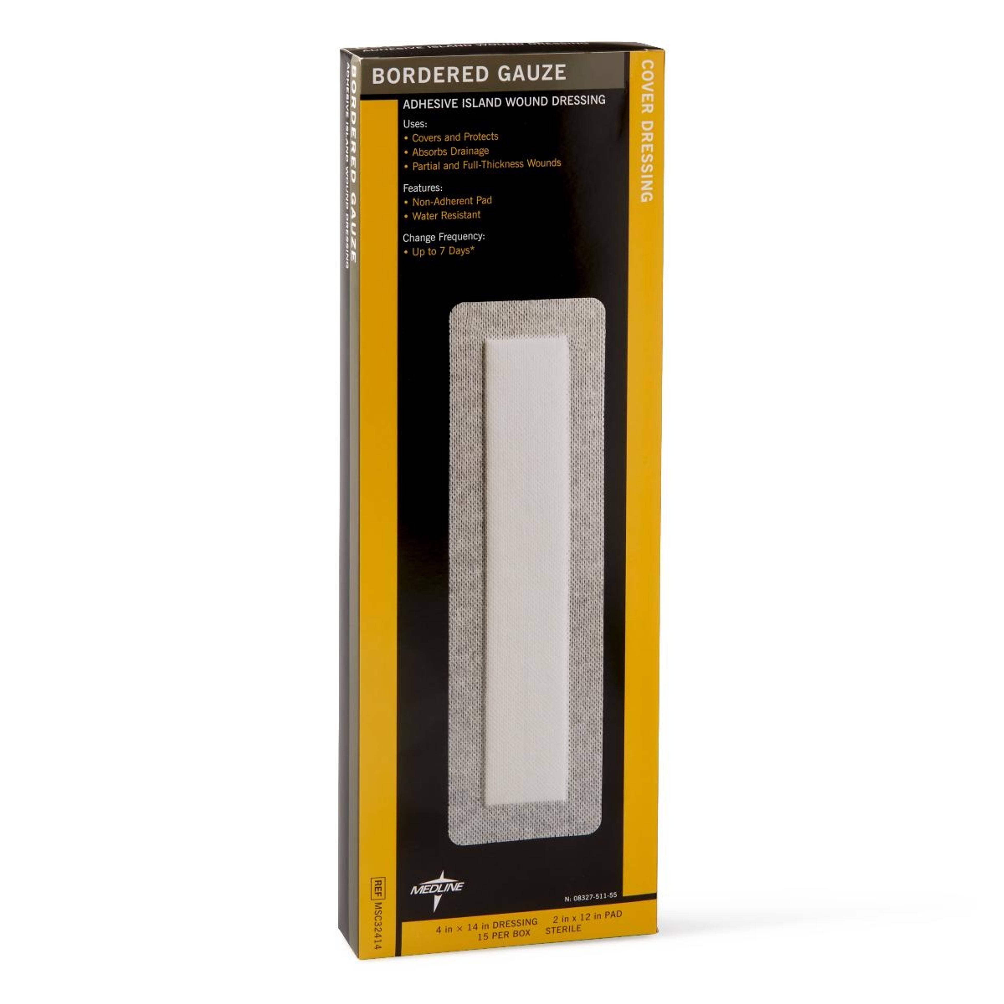 Medline Bordered Gauze Adhesive Island Wound Dressing, MSC32414Z, 4" X 14" with 2" X 12" Pad - Box of 15