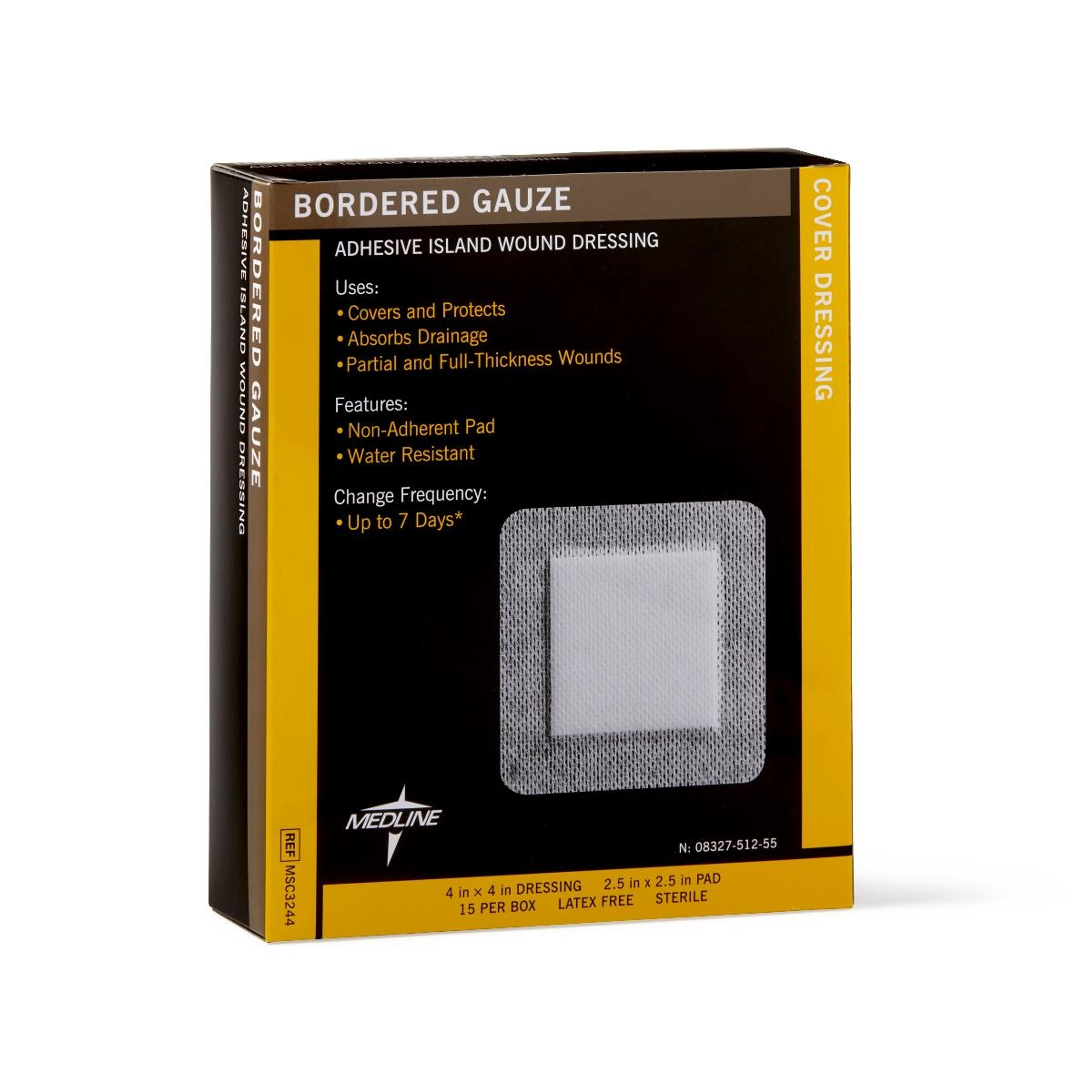 Medline Bordered Gauze Adhesive Island Wound Dressing, MSC3244Z, 4" X 4" with 2.5" X 2.5" Pad - Box of 15
