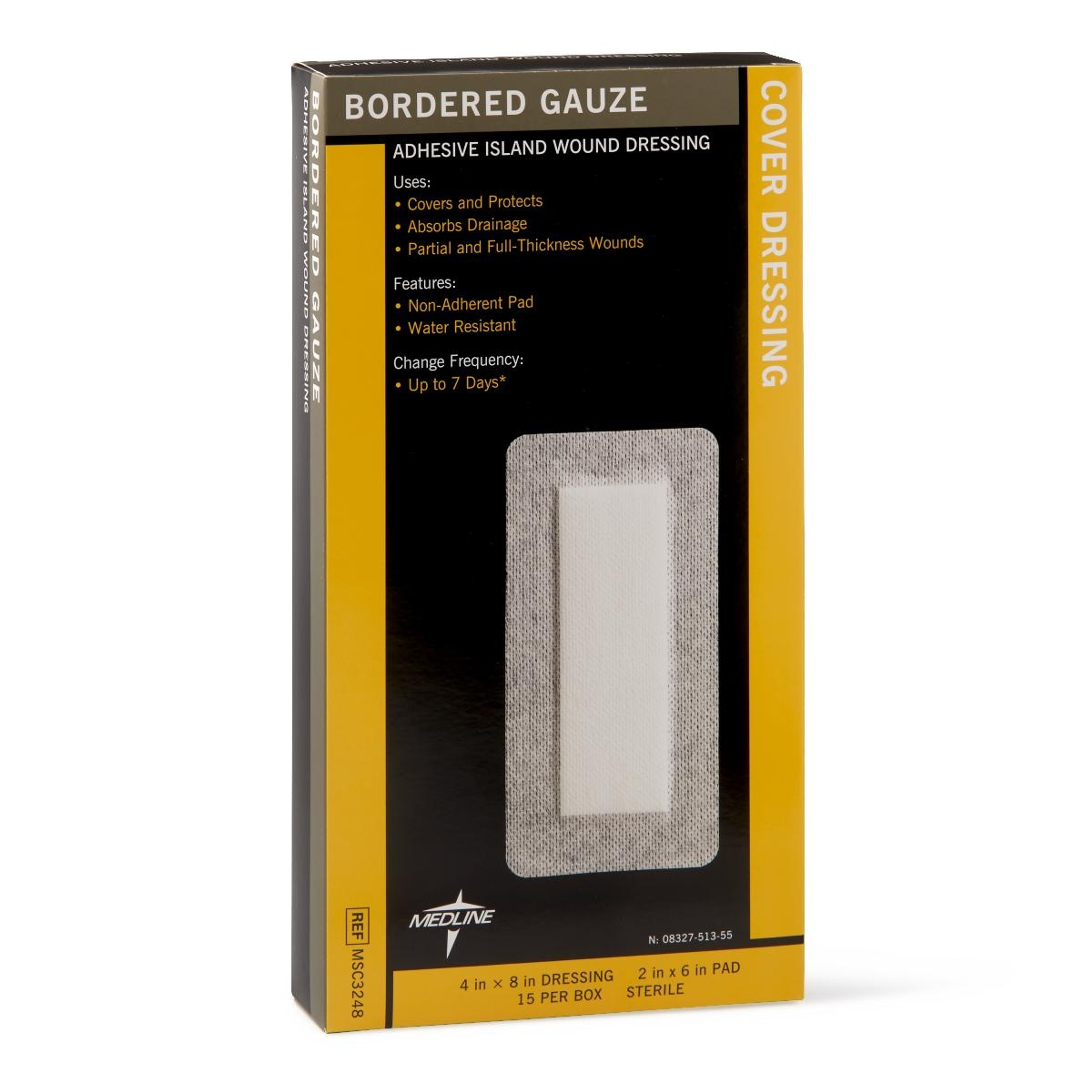 Medline Bordered Gauze Adhesive Island Wound Dressing, MSC3248Z, 4" X 8" with 2" X 6" Pad - Box of 15