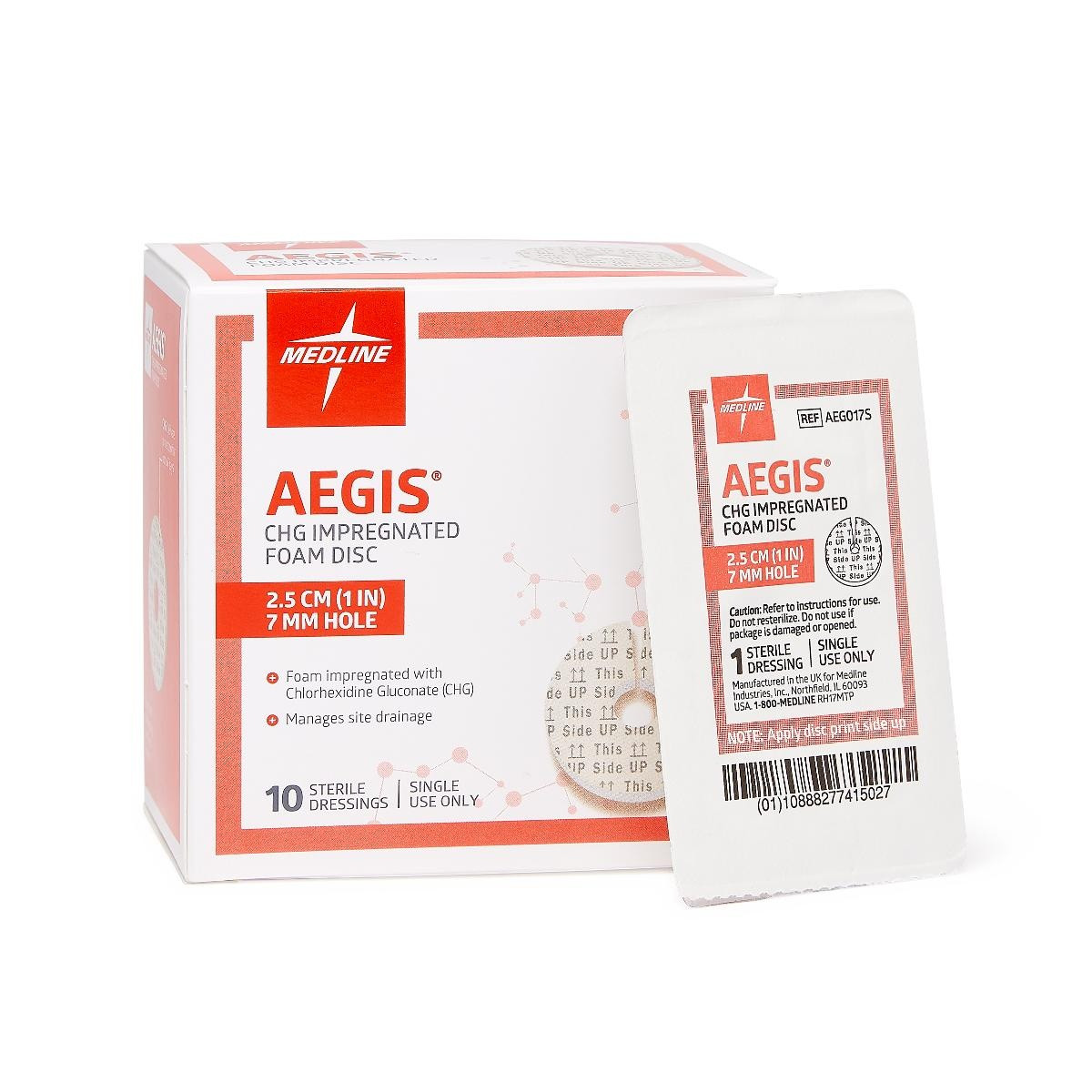 Medline Aegis CHG-Impregnated 1" Foam Disc, AEG017SZ, 7 mm Hole - Box of 10