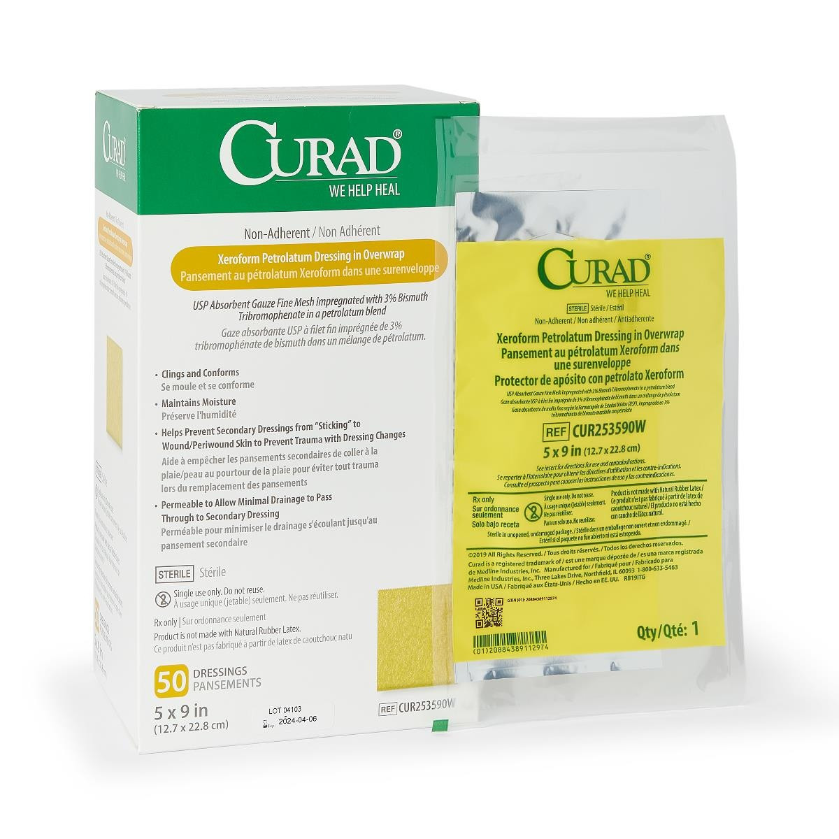 Curad Non-Adherent Xeroform Petrolatum Gauze Dressing in Overwrap, CUR253590WZ, 5" X 9" (12.7 cm X 22.9 cm) - Box of 50