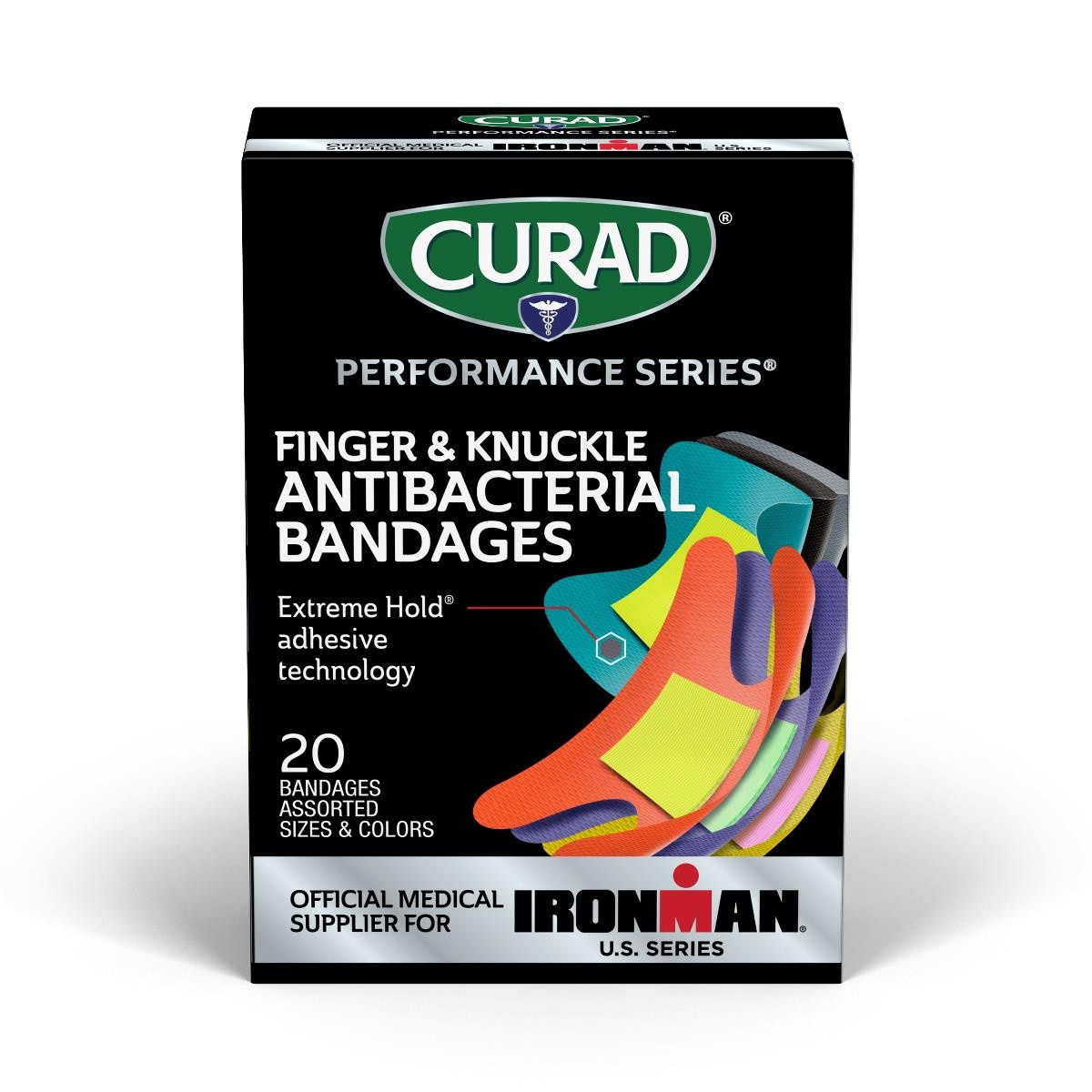 Curad Performance Series IRONMAN Finger and Knuckle Antibacterial Bandages, CURIM5021H, Box of 20