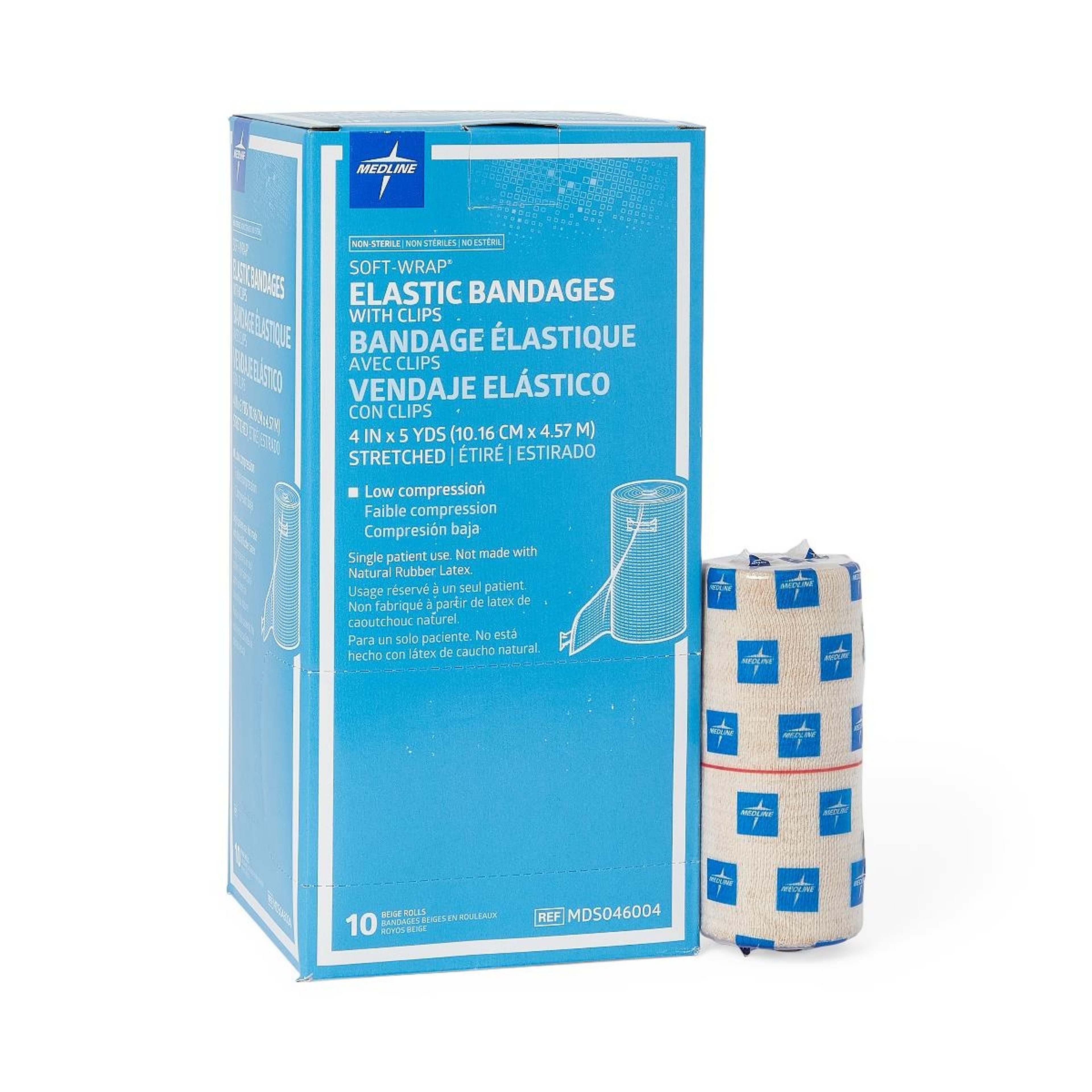 Medline Soft-Wrap Elastic Bandages with Clips, Non-Sterile, MDS046004ZZ, 4" X 5 yd. - Box of 10