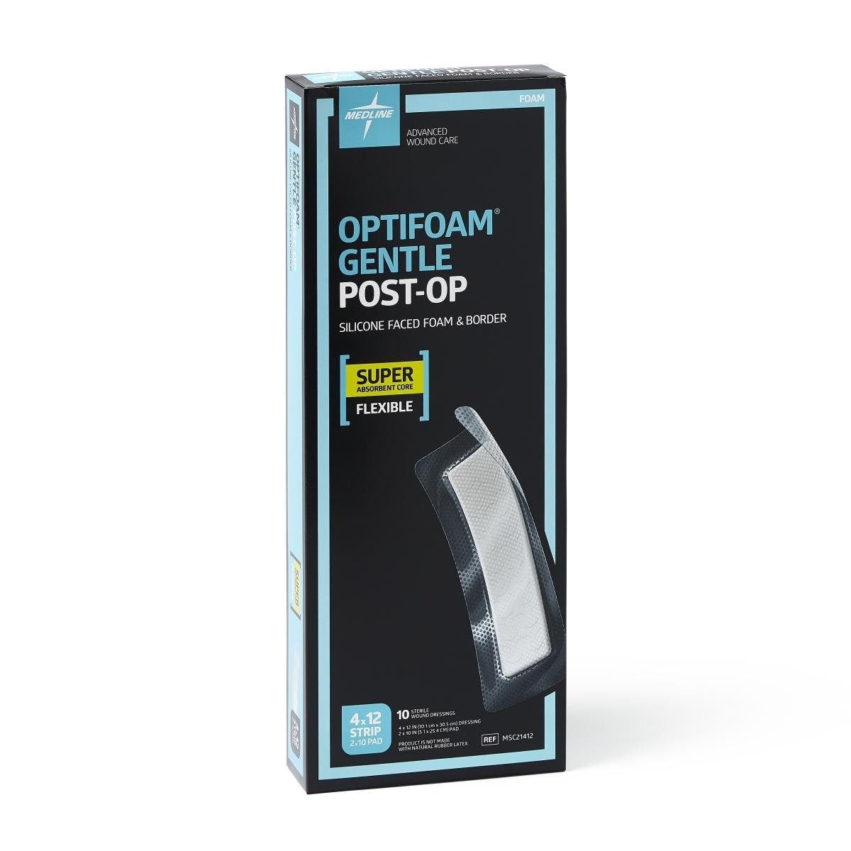 Optifoam Gentle Post-Op Silicone-Faced Foam Dressing, MSC21412Z, 4" X 12" - Box of 10