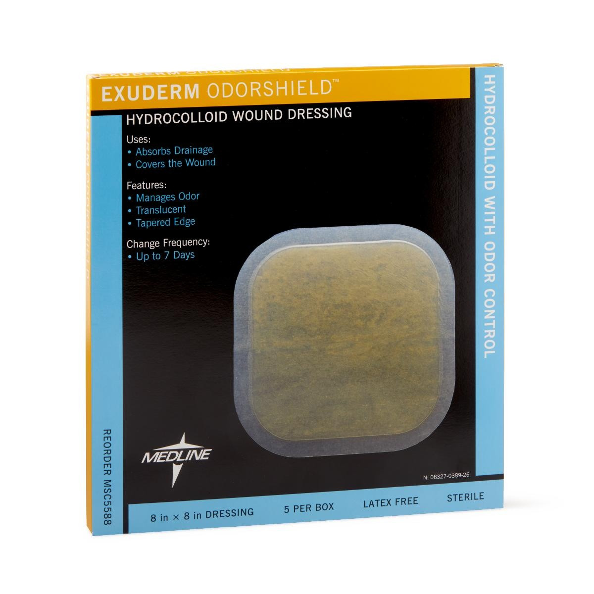 Medline Exuderm Odorshield Hydrocolloid Wound Dressing, MSC5588, 8" X 8" - Box of 5