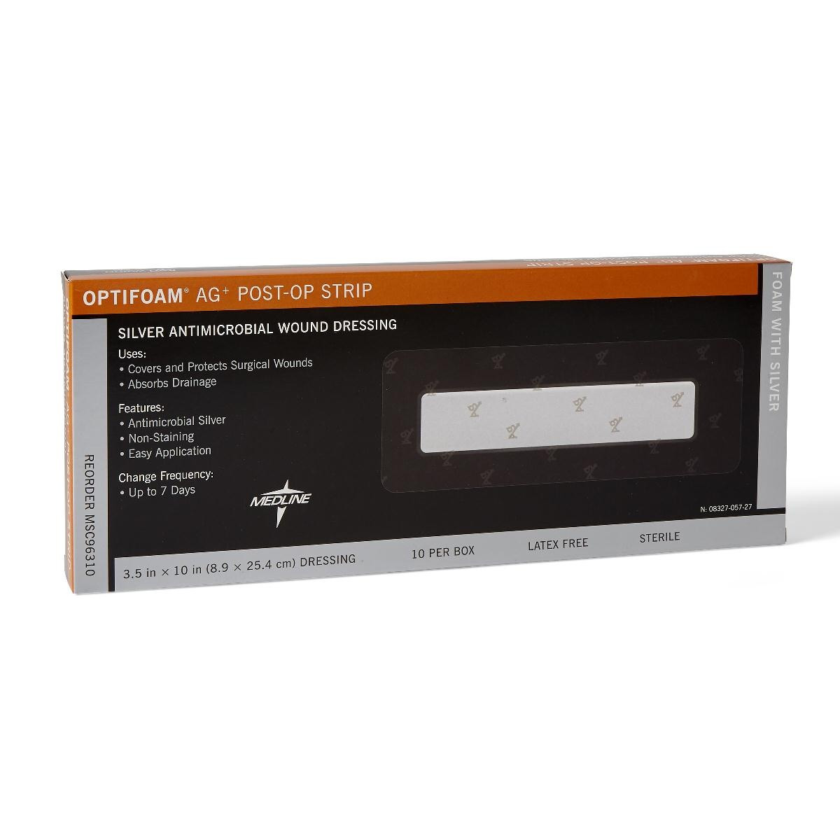 Optifoam AG+ Silver Antimicrobial Post-Op Strip Wound Dressing, MSC96310Z, 3 1/2" X 10" - Box of 10