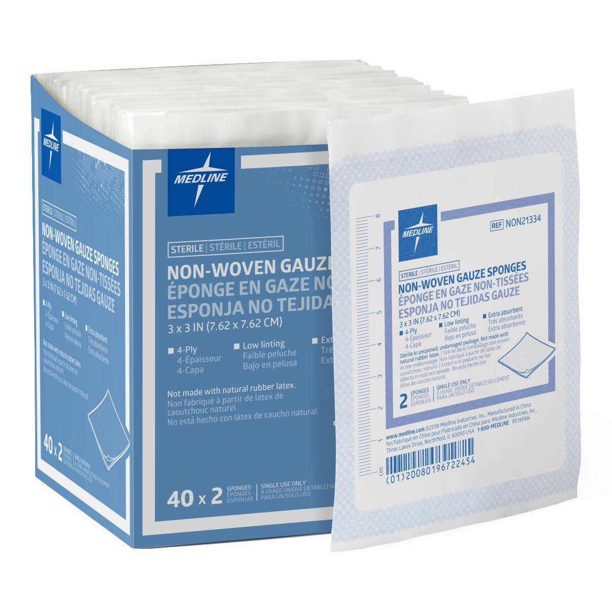 Medline Non-Woven 4-Ply Gauze Sponges, Sterile  , NON21334, 3" X 3" - Case of 1200