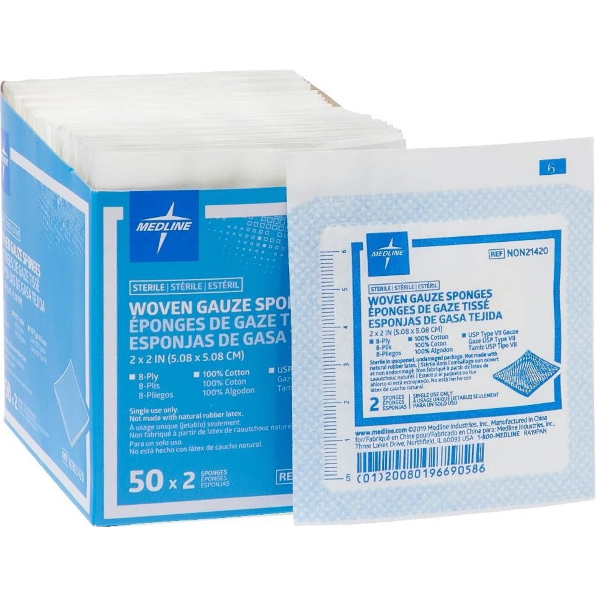 Medline Woven Cotton 8-Ply Gauze Sponges, Sterile
