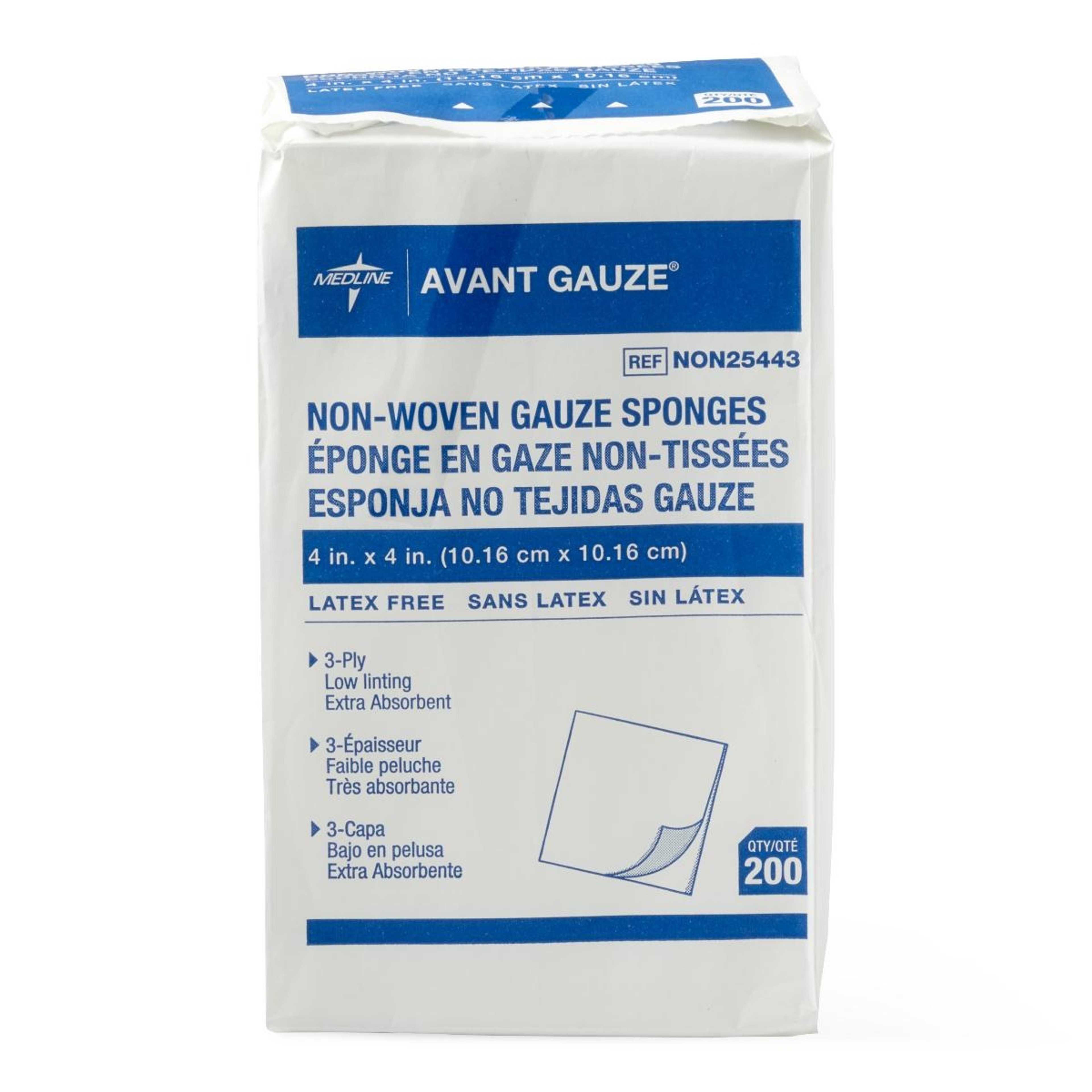 Medline Non-Sterile Non-Woven Gauze 3-Ply Sponges  , NON25443Z, 4" X 4" - Bag of 200