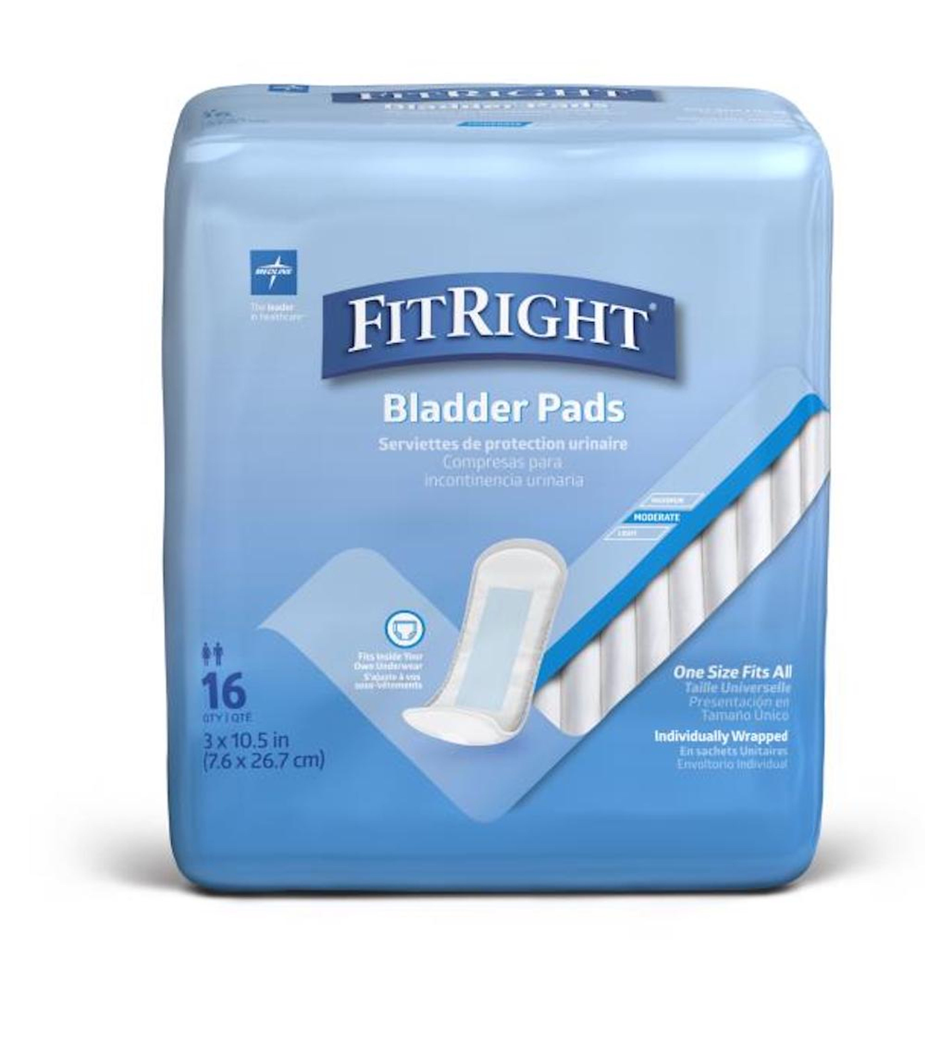 Medline Bladder Control Pads, Moderate Absorbency, MSC326100Z, 3" X 10 1/2" - Bag of 16