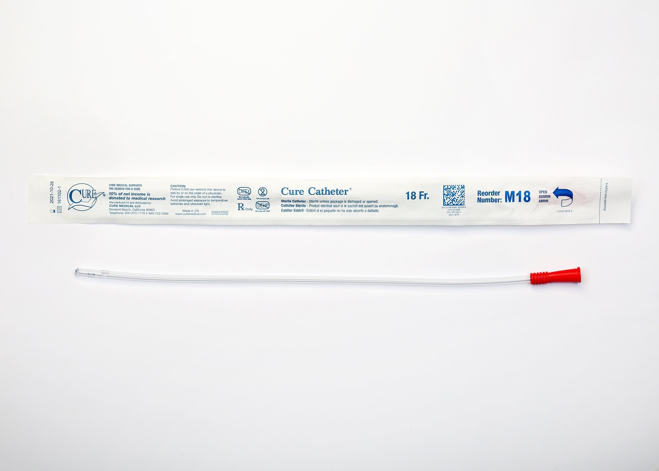 Cure Catheter Urethral Catheter, Male Straight Tip, Uncoated PVC, 16", M18, 18 Fr. - Box of 30