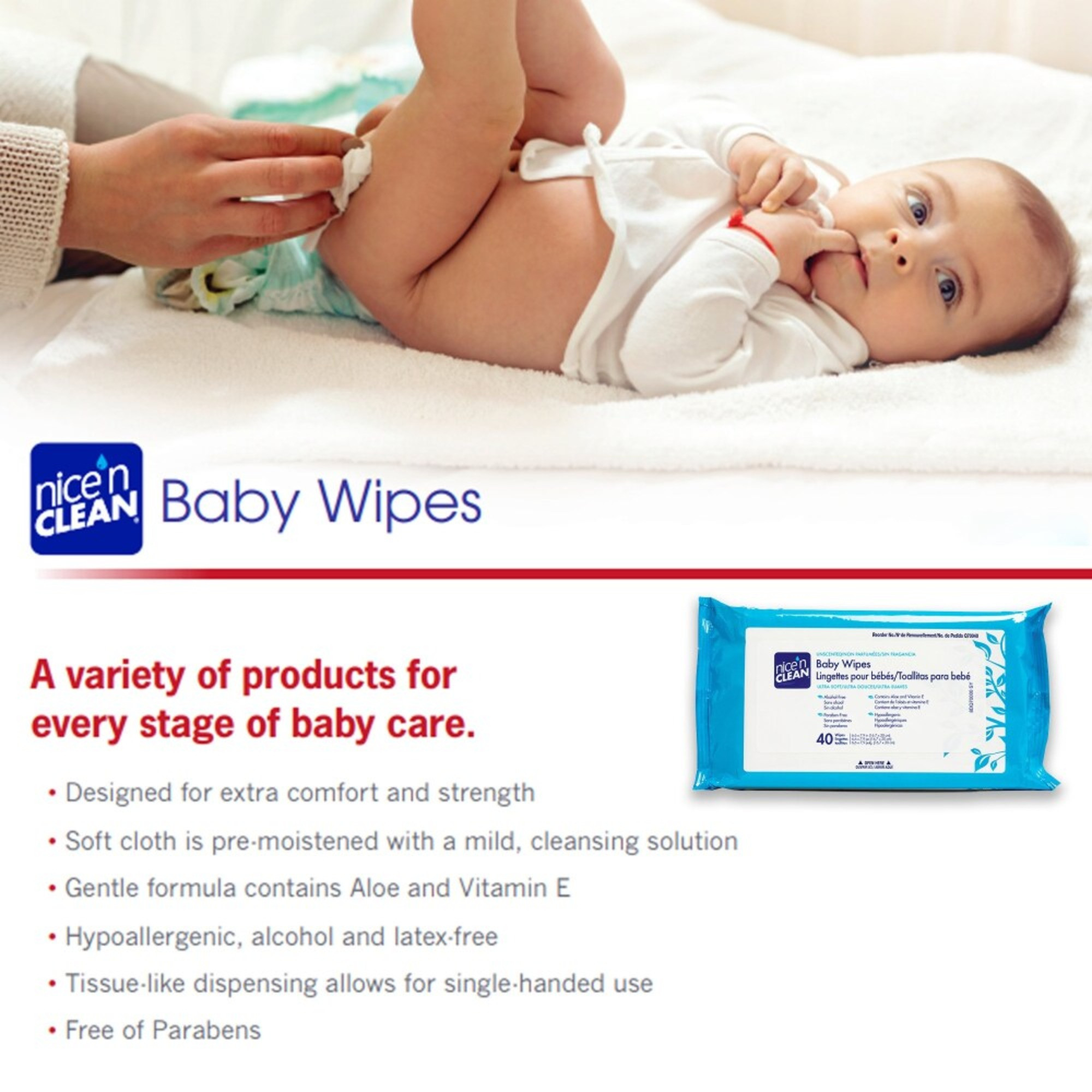 Nice’n Clean Baby Wipes, Unscented, Q70040, Box of 40