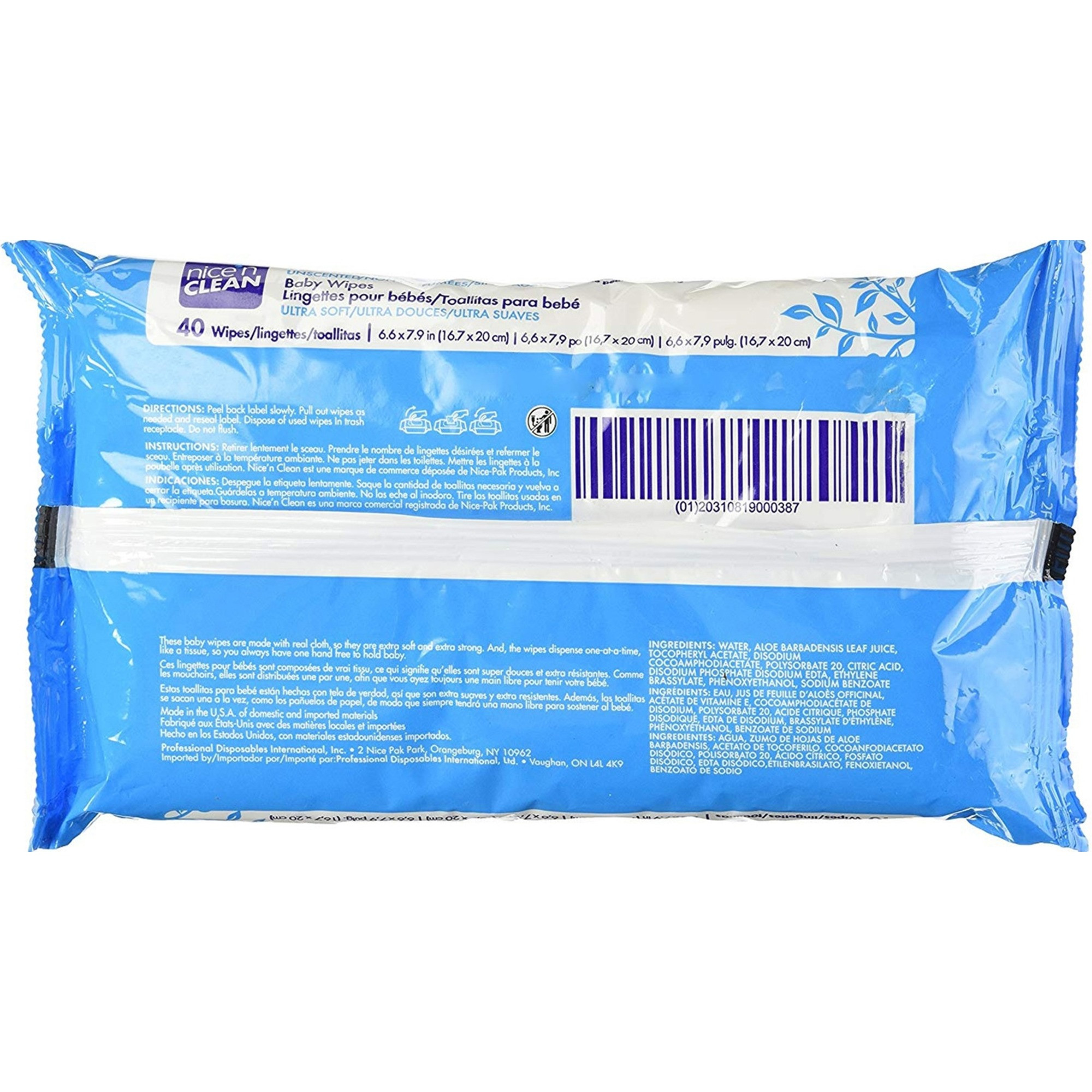 Nice’n Clean Baby Wipes, Unscented, Q70040, Box of 40