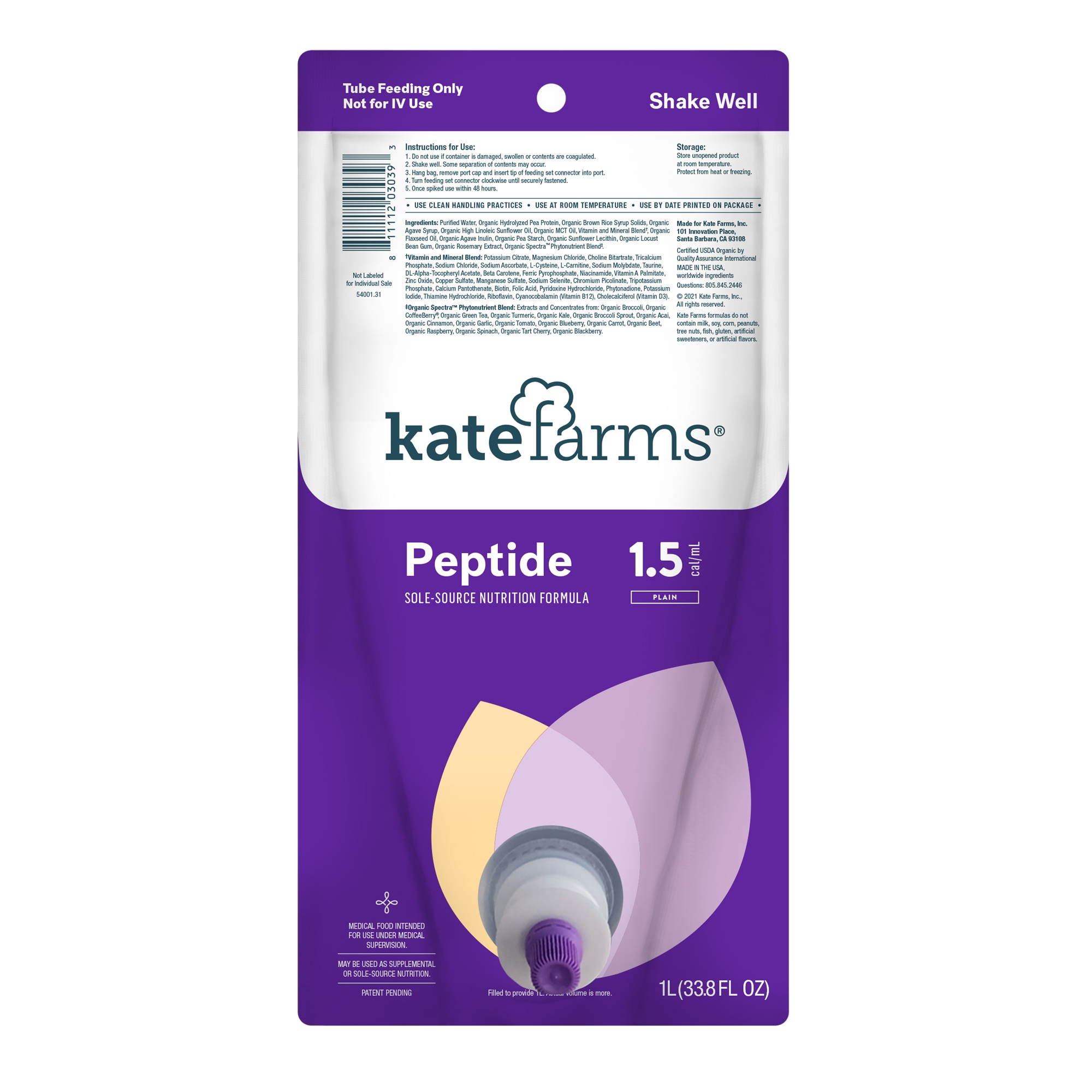 Kate farms peptide 1 5 closed system tube feeding formula 1000 ml