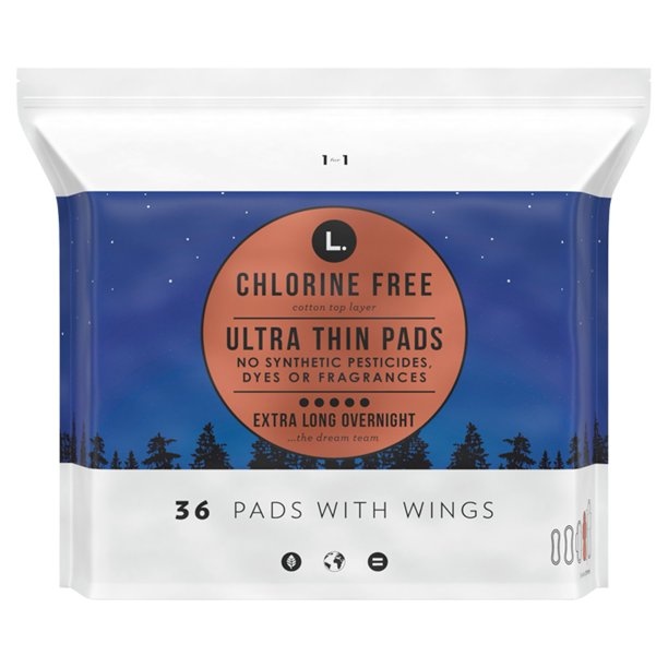 L. Chlorine Free Ultra Thin Pads with Wings, Overnight Absorbency