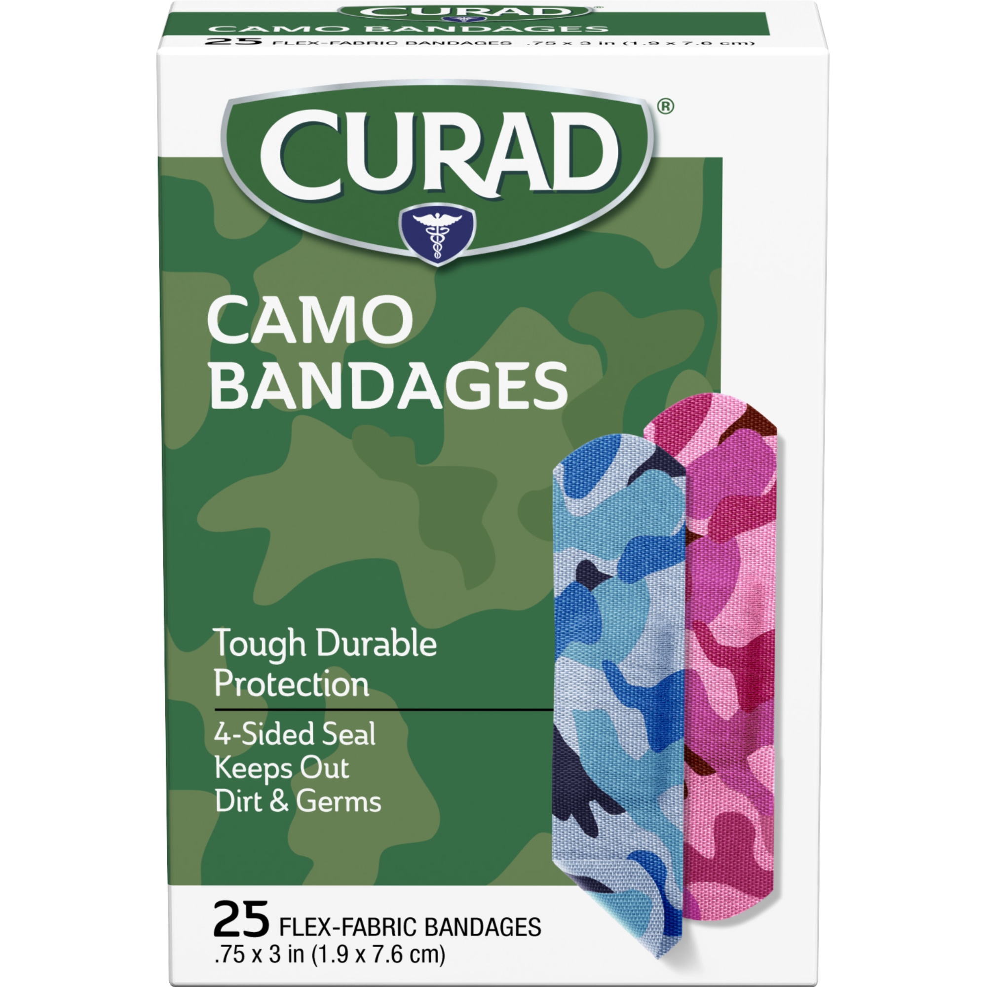 Curad Camo Fabric Bandages - Green Camouflage Adhesive Bandages 0.75x3 Inches (Latex-Free)