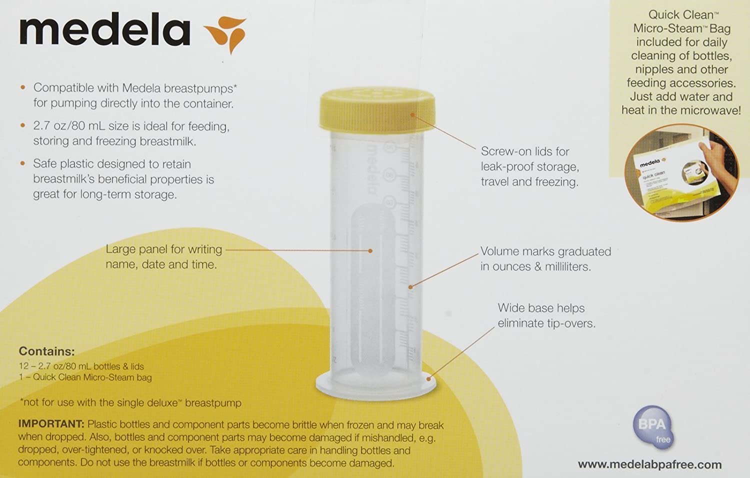 Medela Breast Milk Storage/Freezing Containers with Lids, Clear, 2.7 oz - 12 count