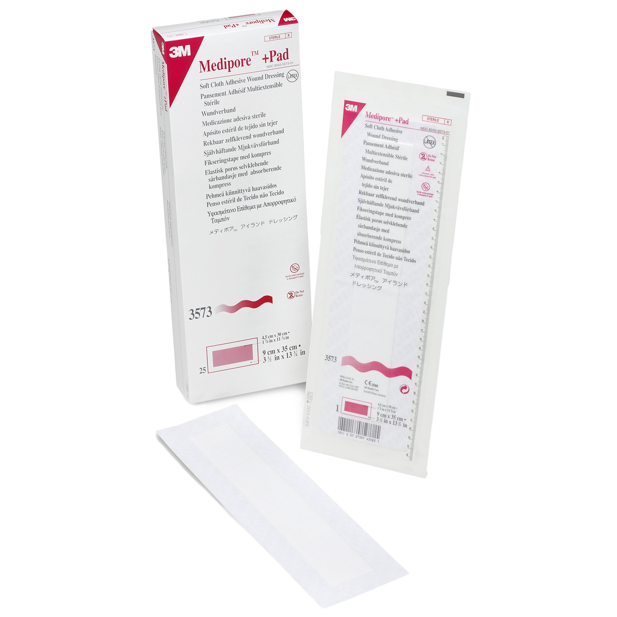 3M Medipore +Pad Soft Cloth Adhesive Wound Dressing,3-1/2 x 13-3/4 ,25/Pack,3573