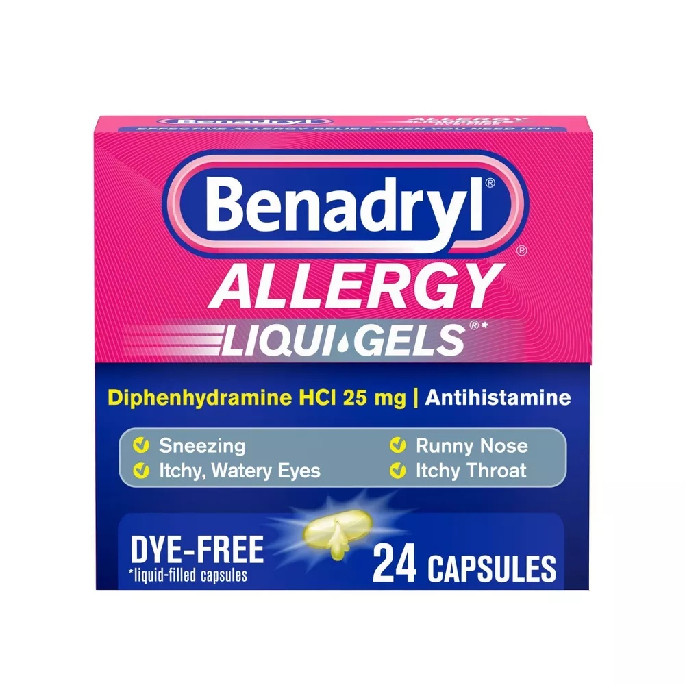 Benadryl LIQUI-GELS Antihistamine Allergy Relief, 25mg, 24 Capsules | Case of 24 Capsules - Case of 24 Boxes | Carewell
