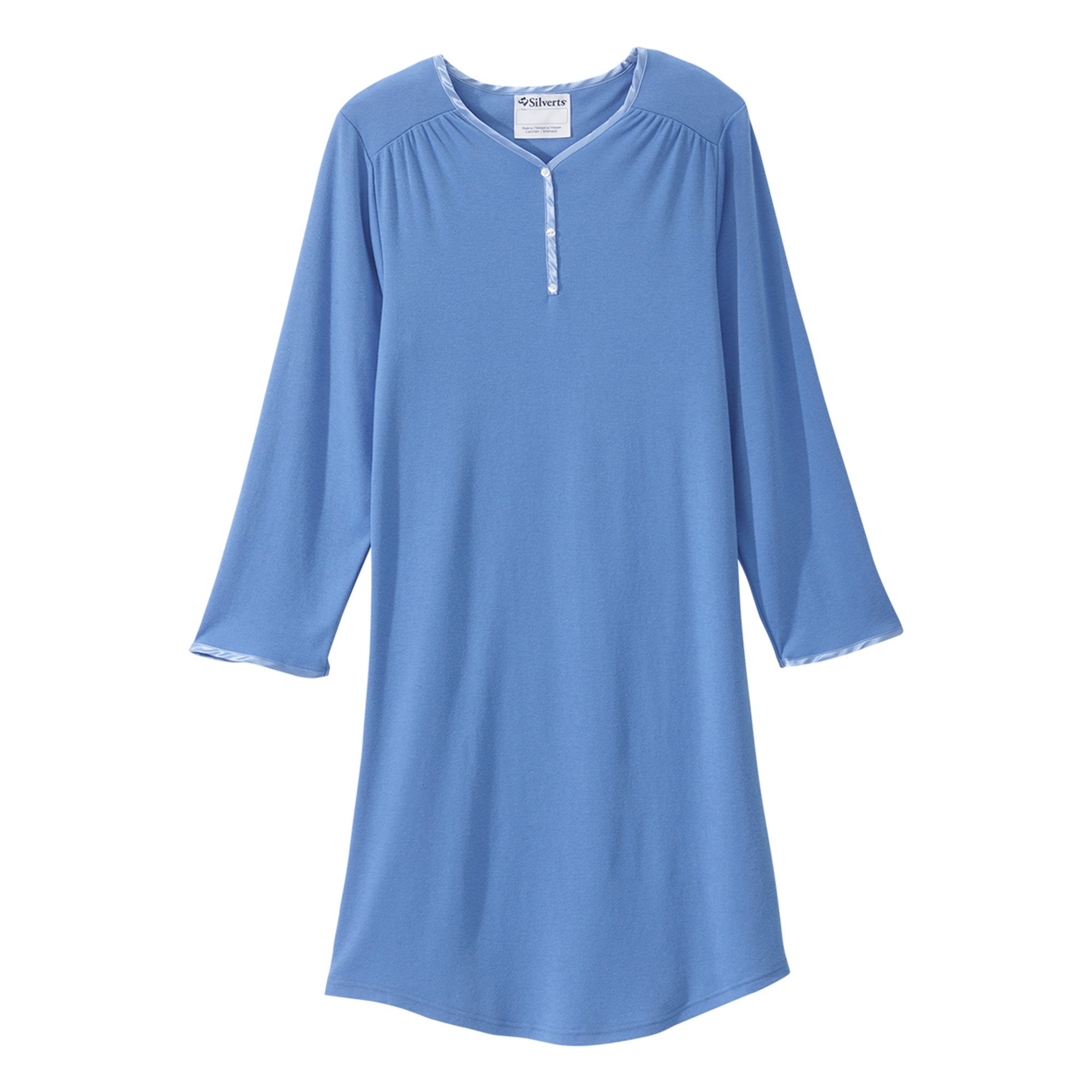 Silverts Women's Open Back Henley Night Gown, Blue