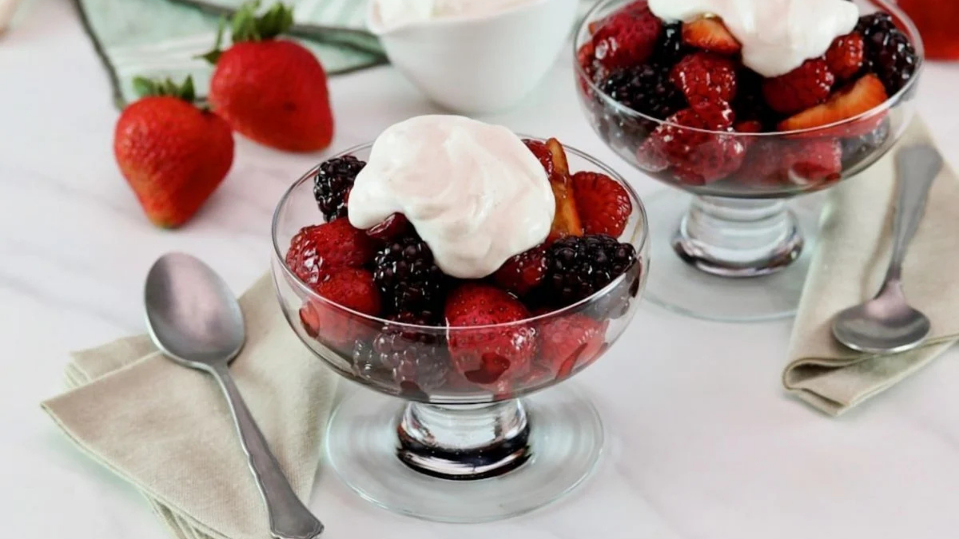 Fresh Berries with Chocolate Balsamic Drizzle & Almond Cream