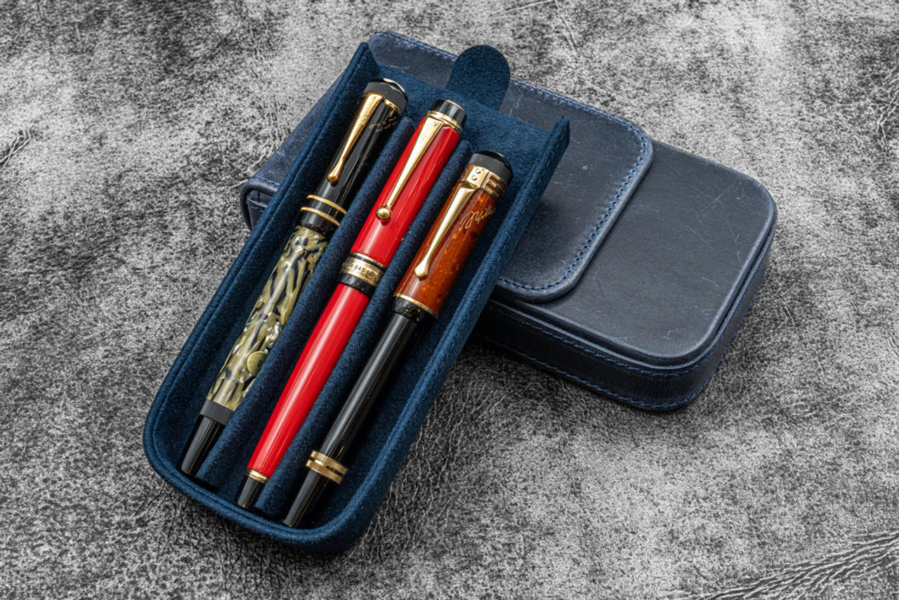 Galen Leather Co. C.H Navy Blue Leather Magnum Opus 3 Slots Hard Pen Case with Removable Pen Tray