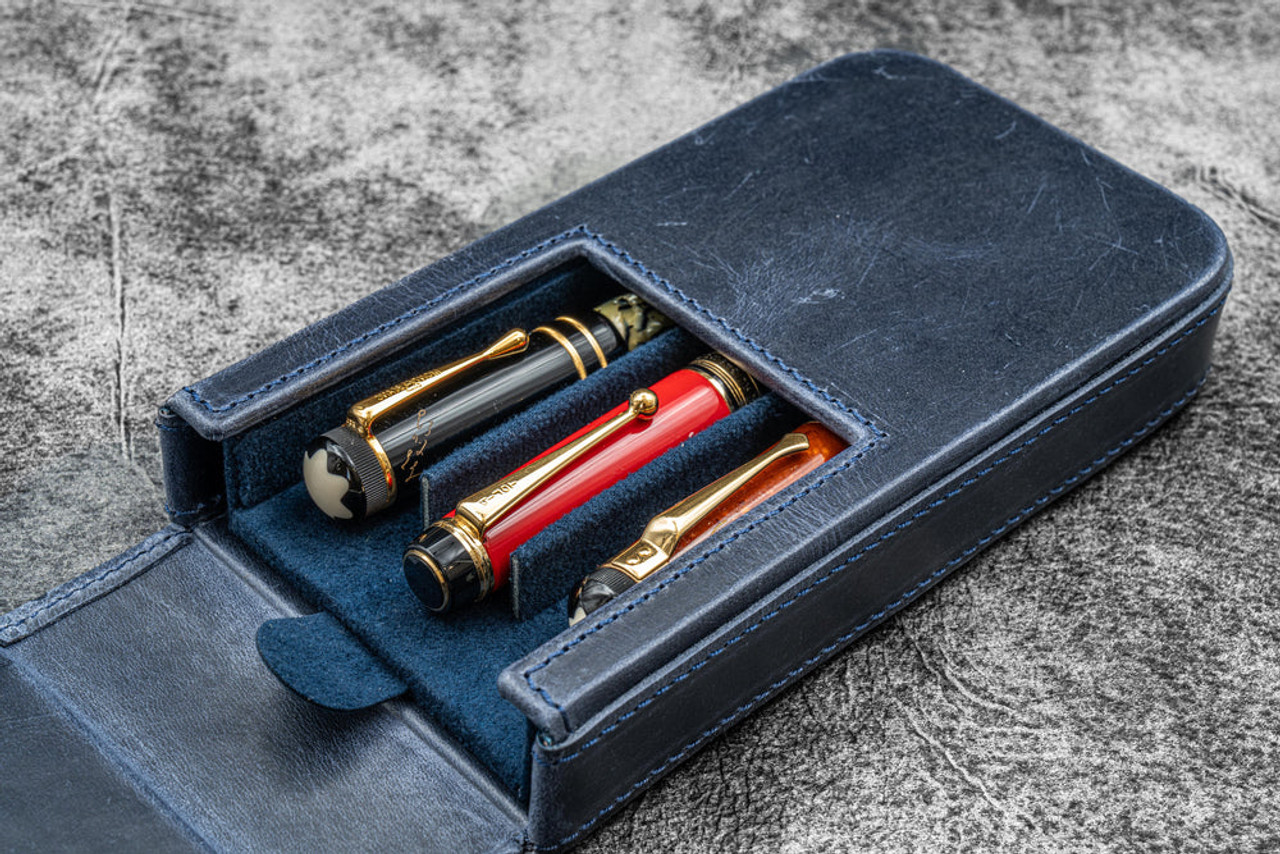 Galen Leather Co. C.H Navy Blue Leather Magnum Opus 3 Slots Hard Pen Case with Removable Pen Tray