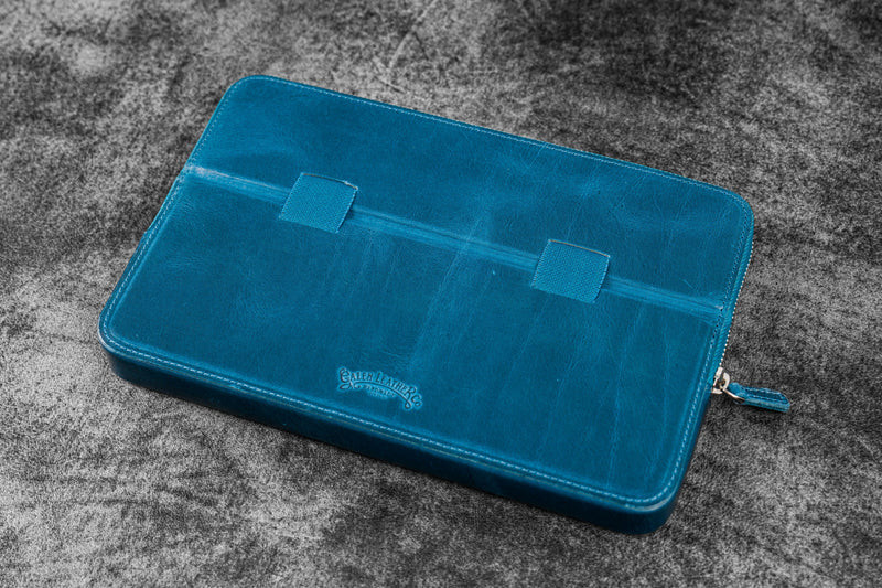 Galen Leather Co. Leather Zippered Magnum Opus 12 Slots Hard Pen Case with Removable Pen Tray - C.H Ocean Blue
