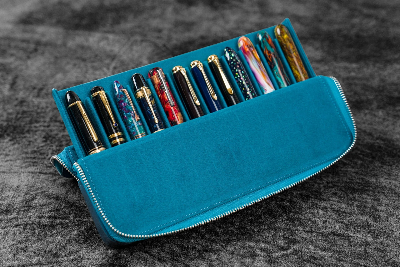 Galen Leather Co. Leather Zippered Magnum Opus 12 Slots Hard Pen Case with Removable Pen Tray - C.H Ocean Blue