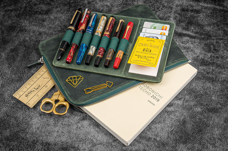 Galen Leather Co. Leather Zippered Writer's Bank Bag - Pen Pouch - Crazy Horse Forest Green