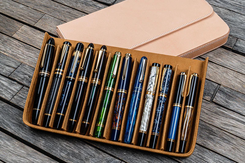 Galen Leather Co. Leather Magnum Opus 12 Slots Hard Pen Case with Removable Pen Tray - Undyed Leather