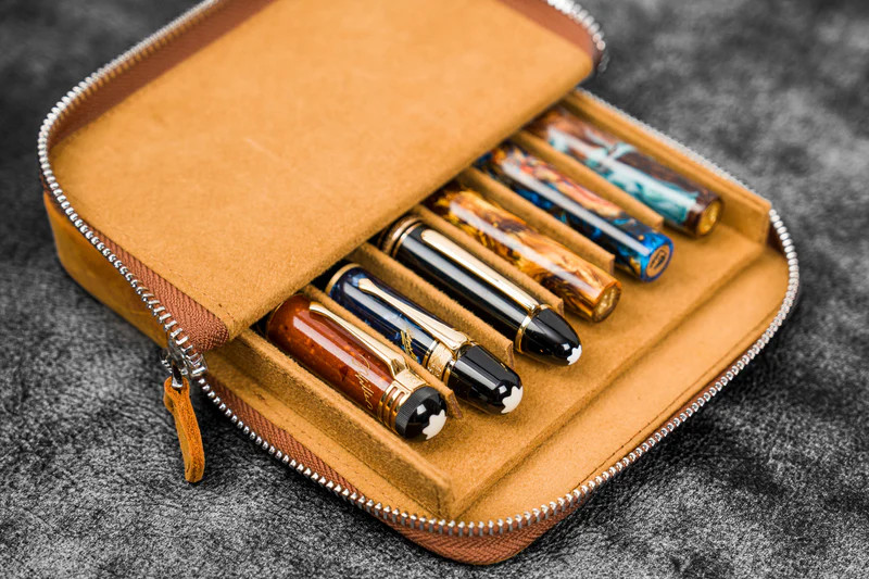 Galen Leather Co. Leather Zippered Magnum Opus 6 Slots Hard Pen Case with Removable Pen Tray - C.H. Brown